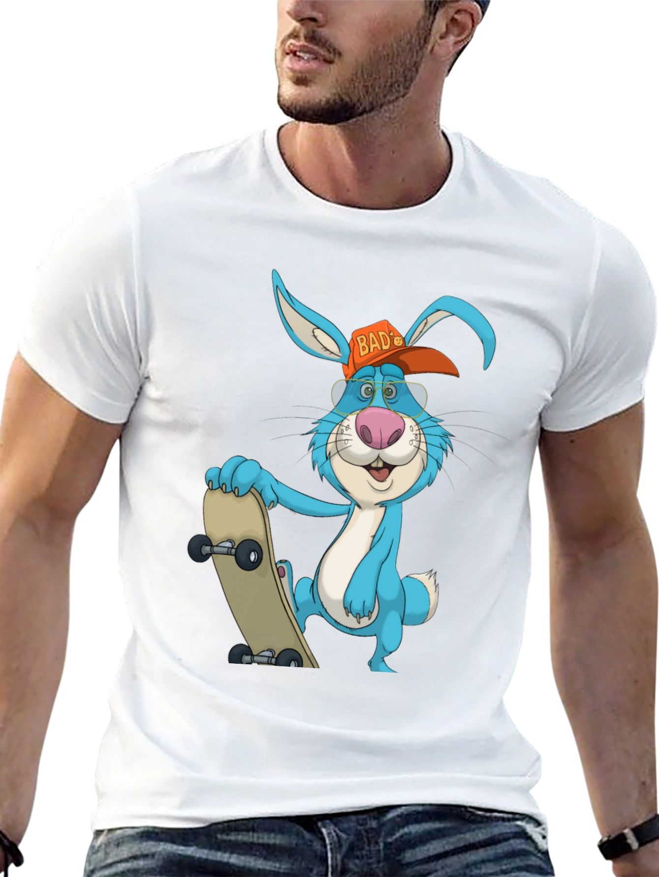 Black Cool Rabbit Skateboarder Graphic T-Shirt view 13