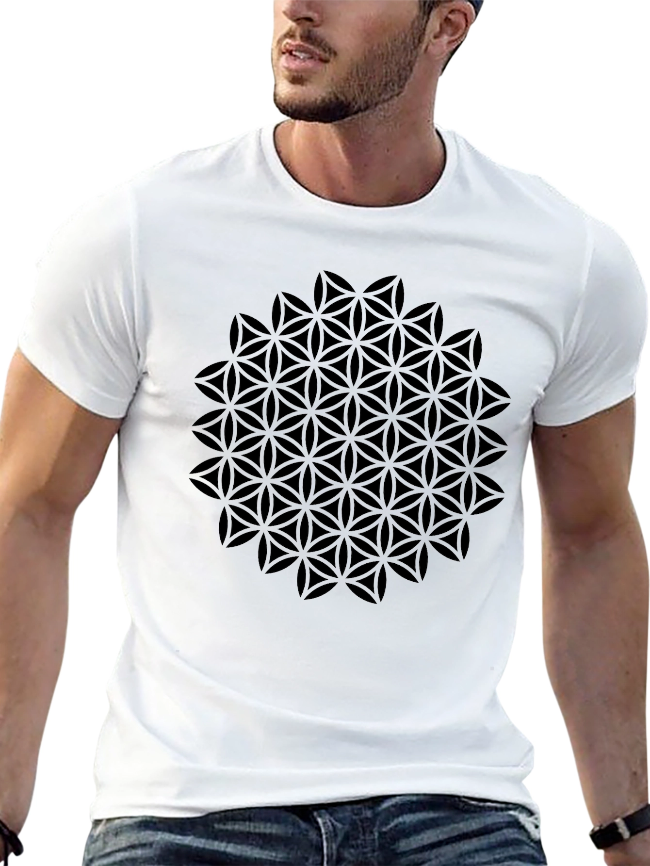 Black Geometric Flower of Life Black T-Shirt view 13