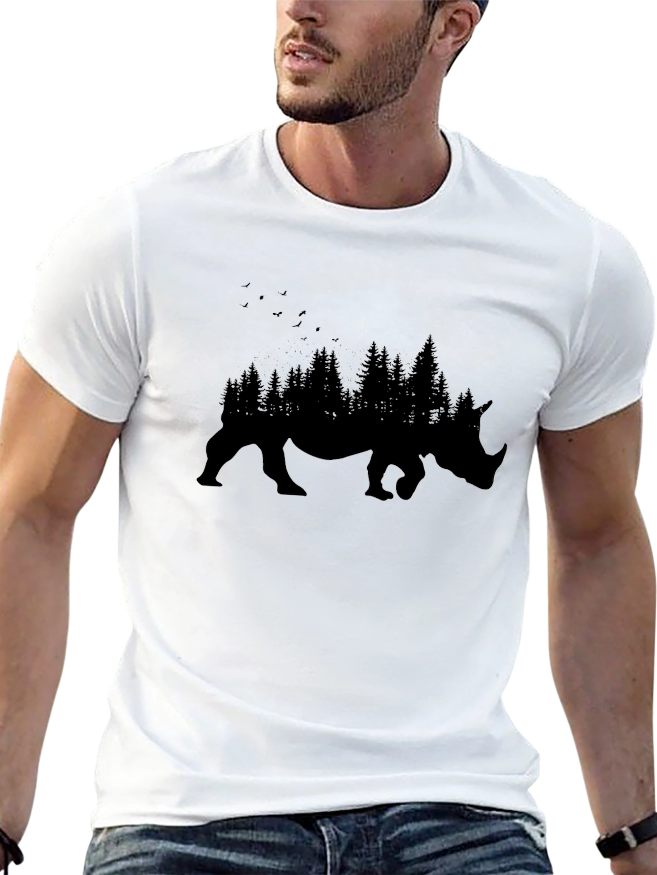 Black Men's Black Rhino Forest Graphic T-Shirt view 13