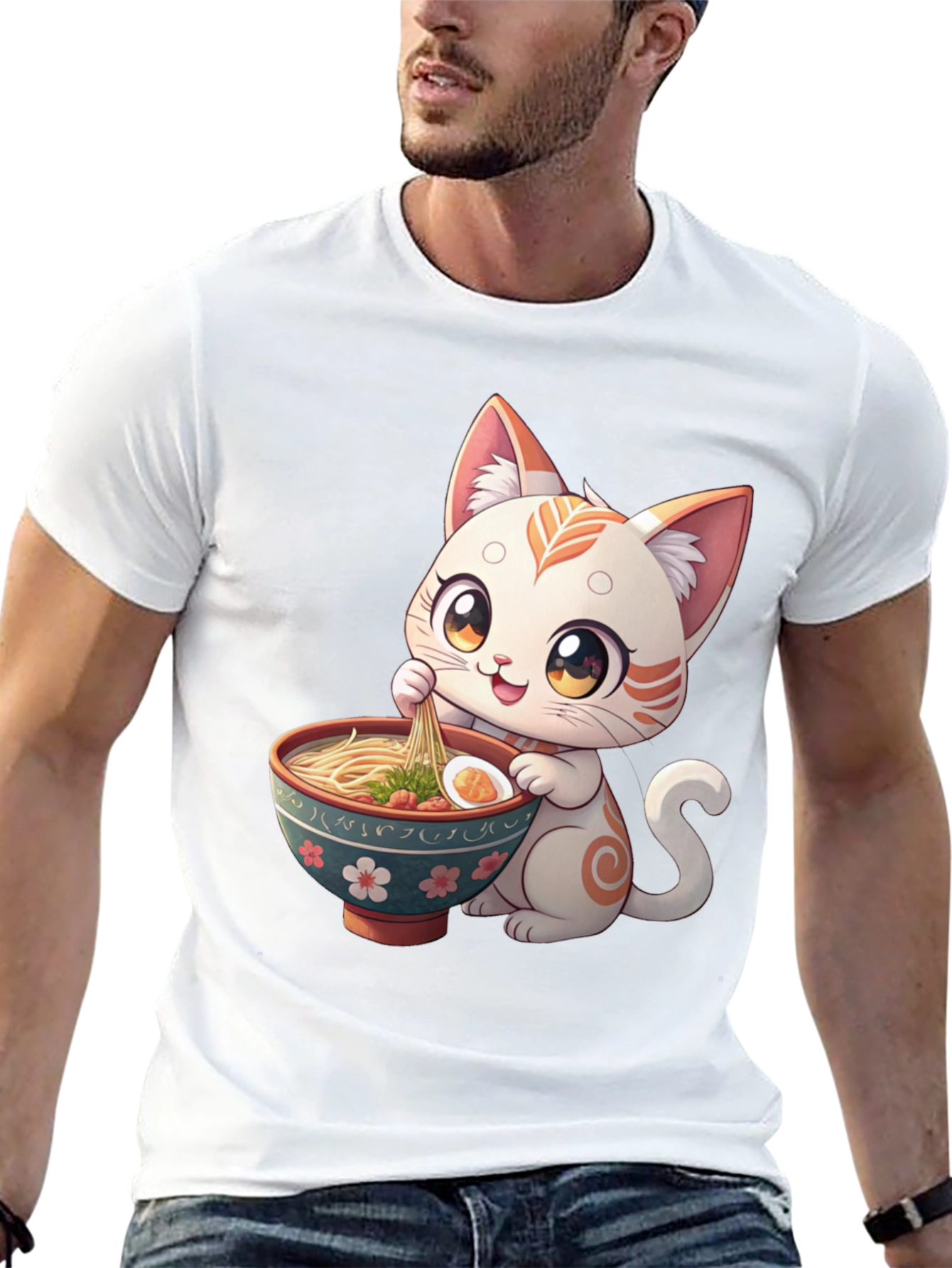 Black Cute Cat Ramen T-Shirt - Kawaii Kitten Eating Noodles Tee view 13