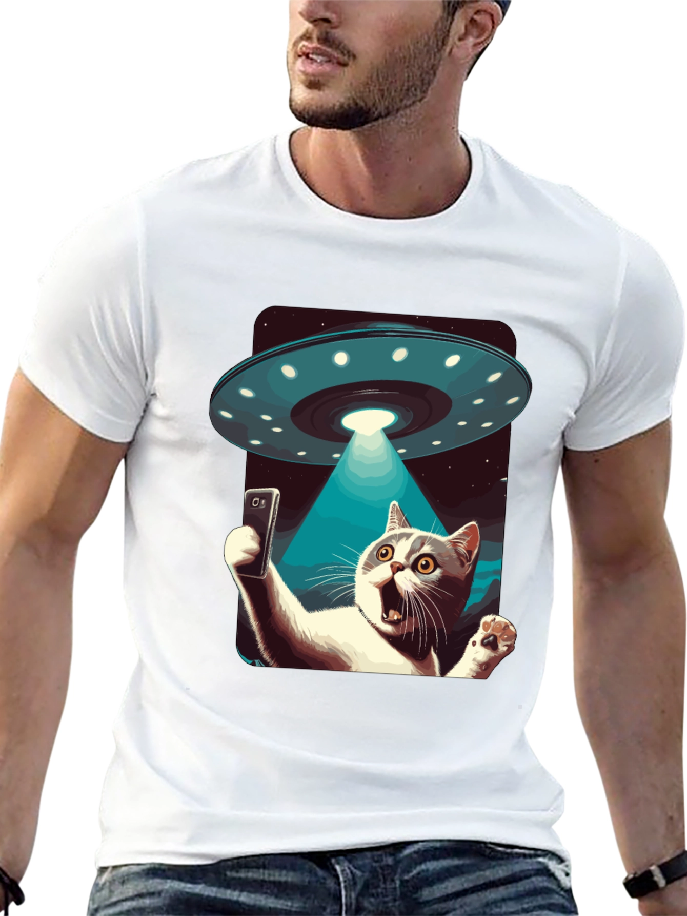 Black Alien Abduction Cat Selfie T-Shirt view 13