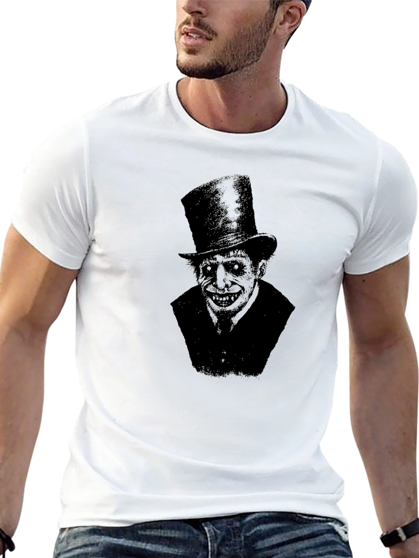 Black Creepy Top Hat Man Graphic T-Shirt - Black view 13