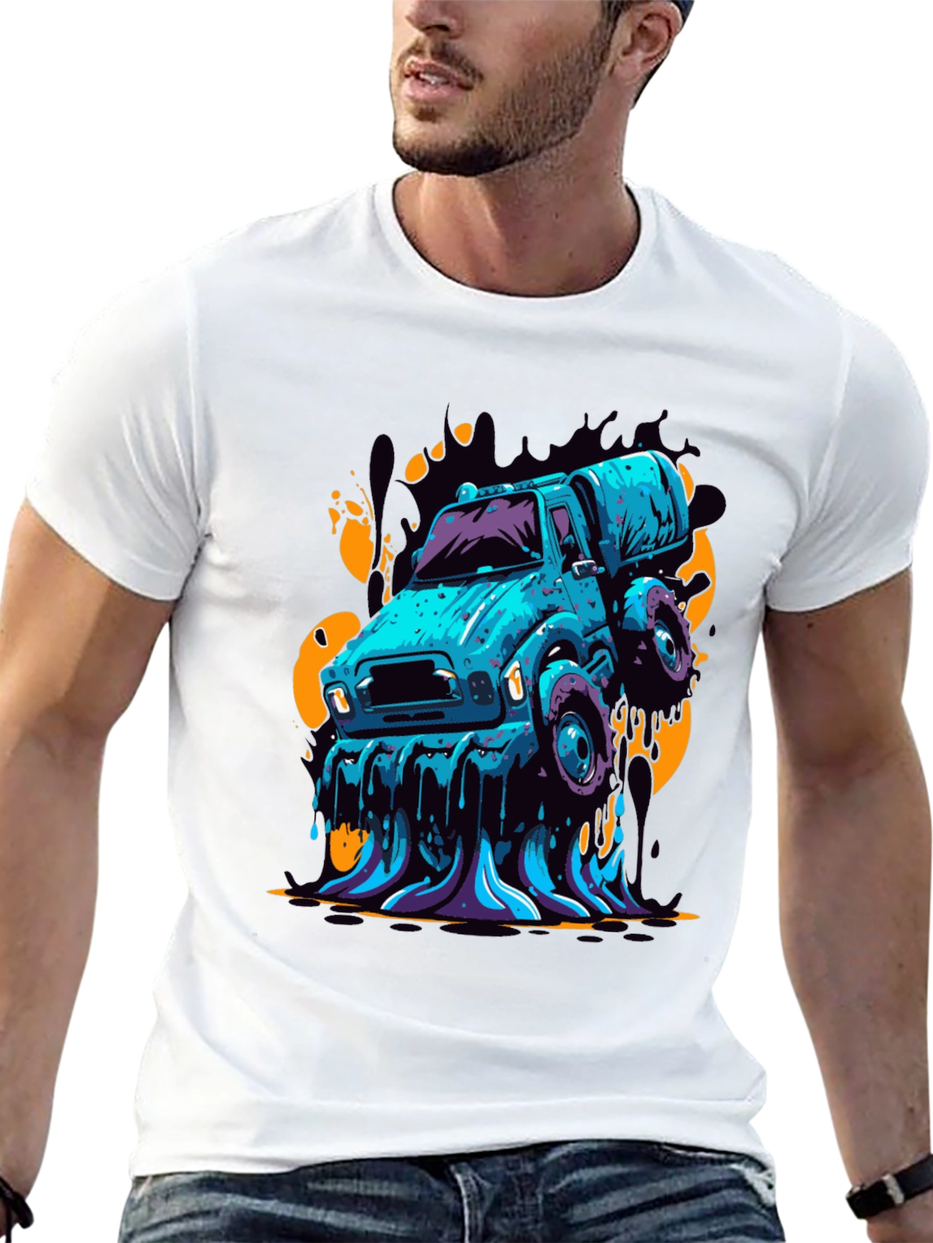 Black Men's Graphic Tee - Cartoon Truck Black T-Shirt view 13