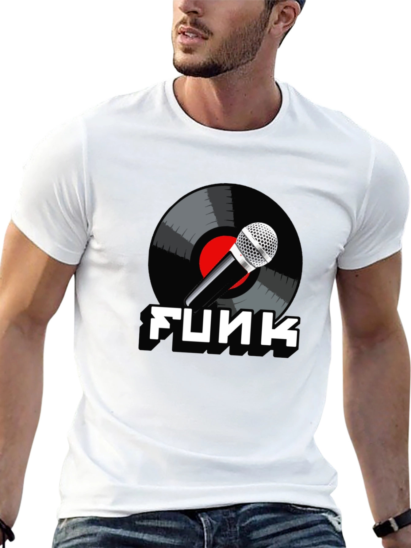 Black Funk Music T-Shirt with Microphone and Vinyl Record Design view 13