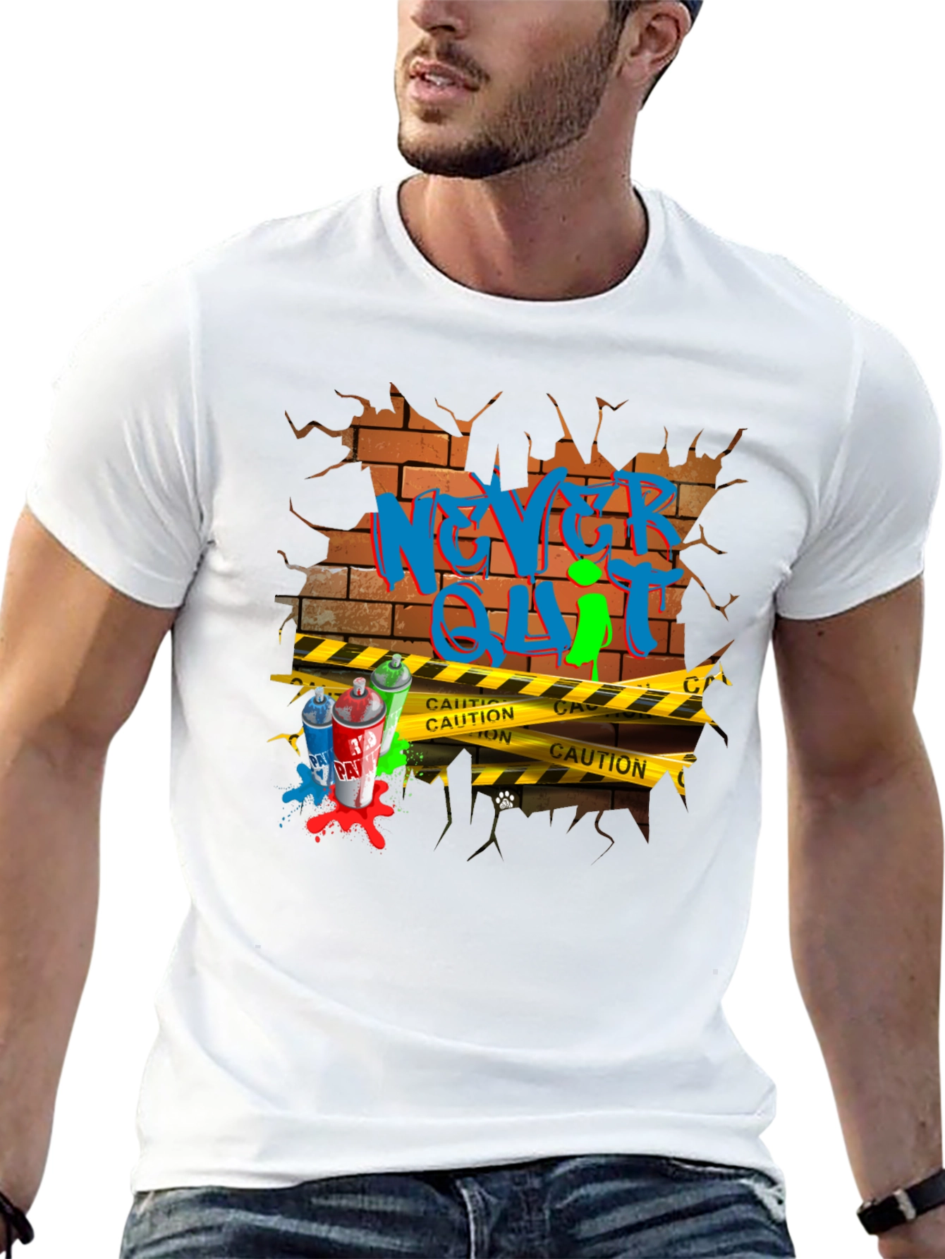 Black Never Quit Graffiti Brick Wall T-Shirt view 13