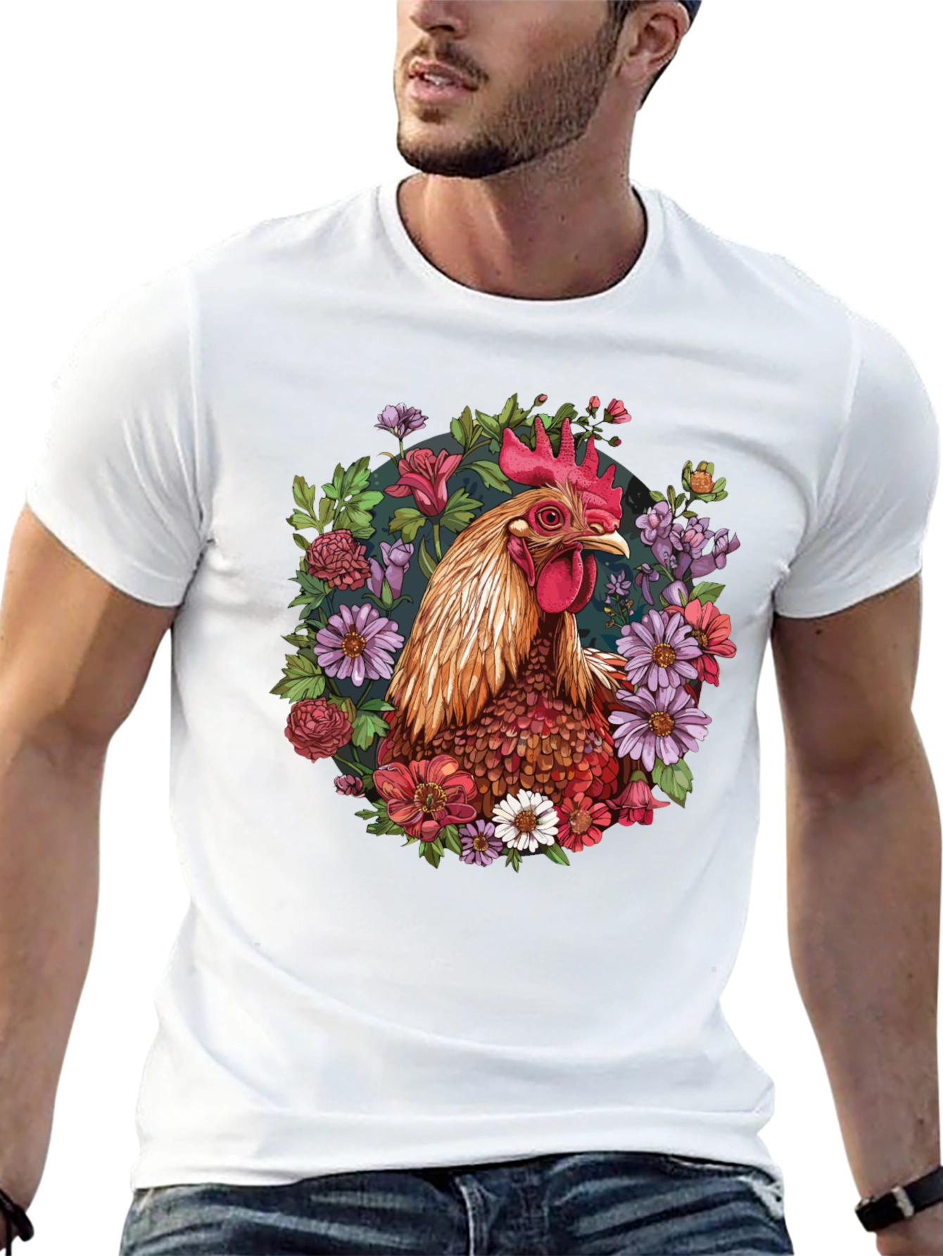 Black Rooster Floral T-Shirt - Unique Graphic Tee view 13