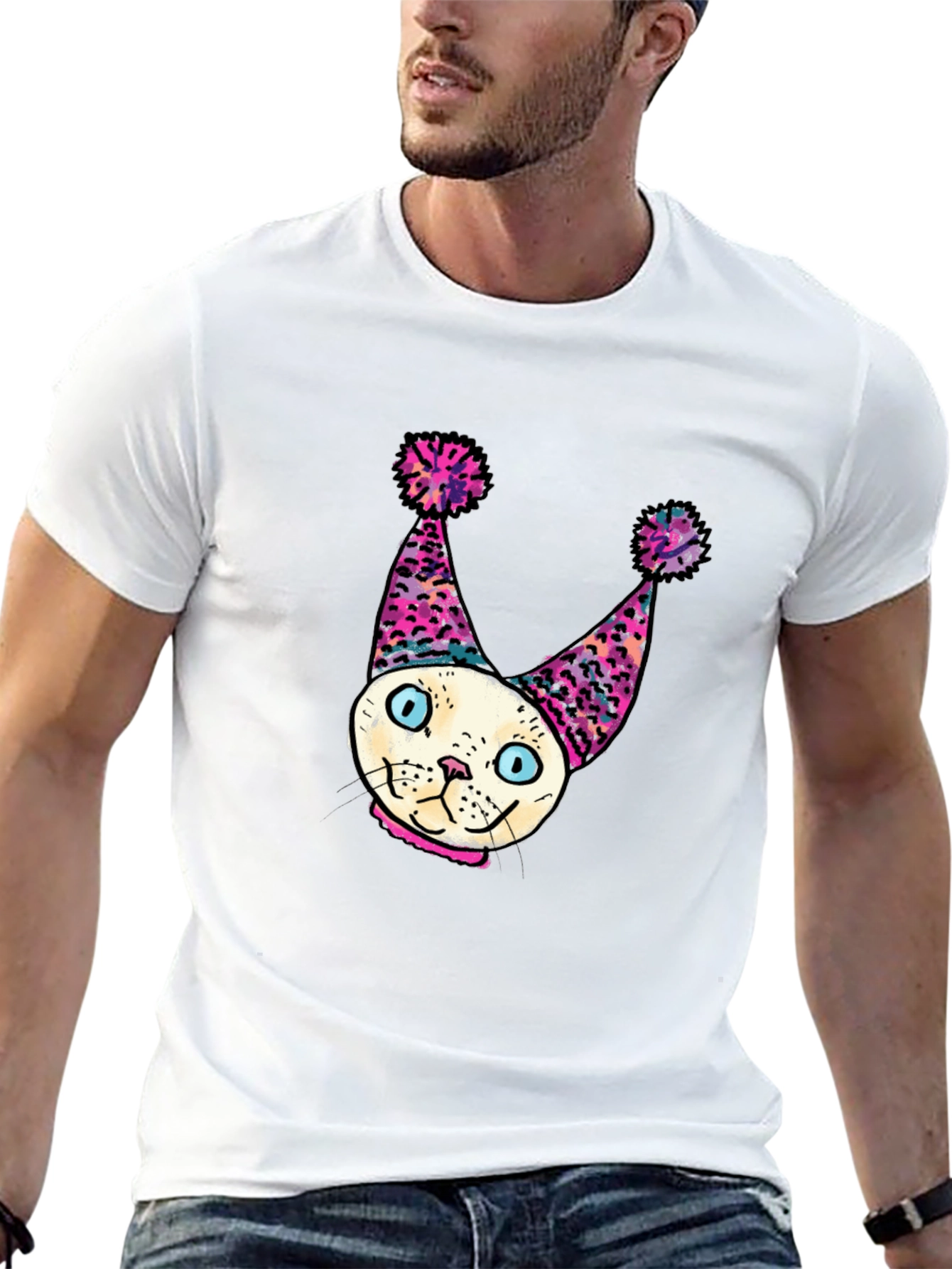 Black Whimsical Cat Clown T-Shirt - Unique Graphic Tee view 13