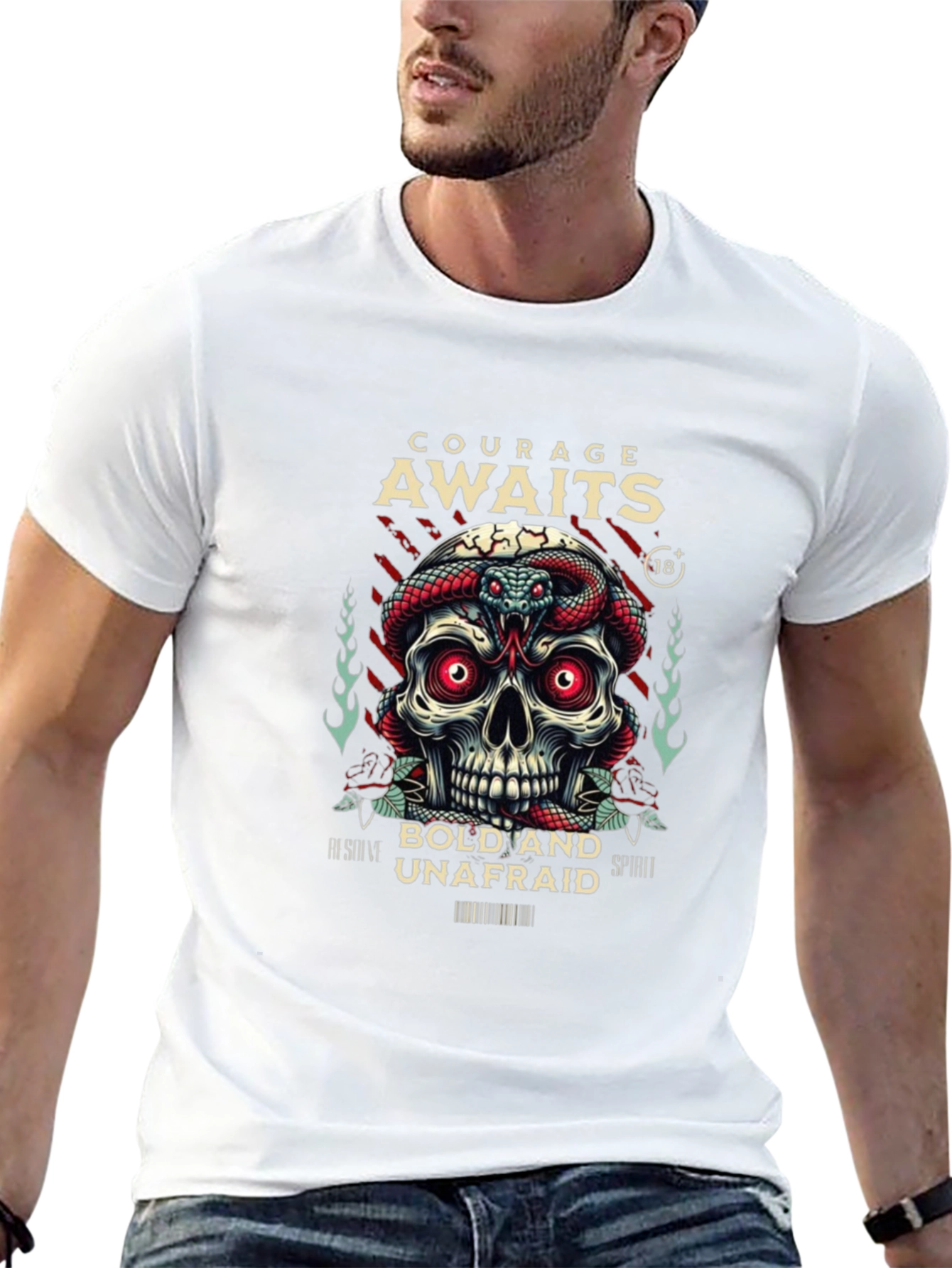 Black Courage Awaits Graphic Tee - Skull & Snake Design view 13