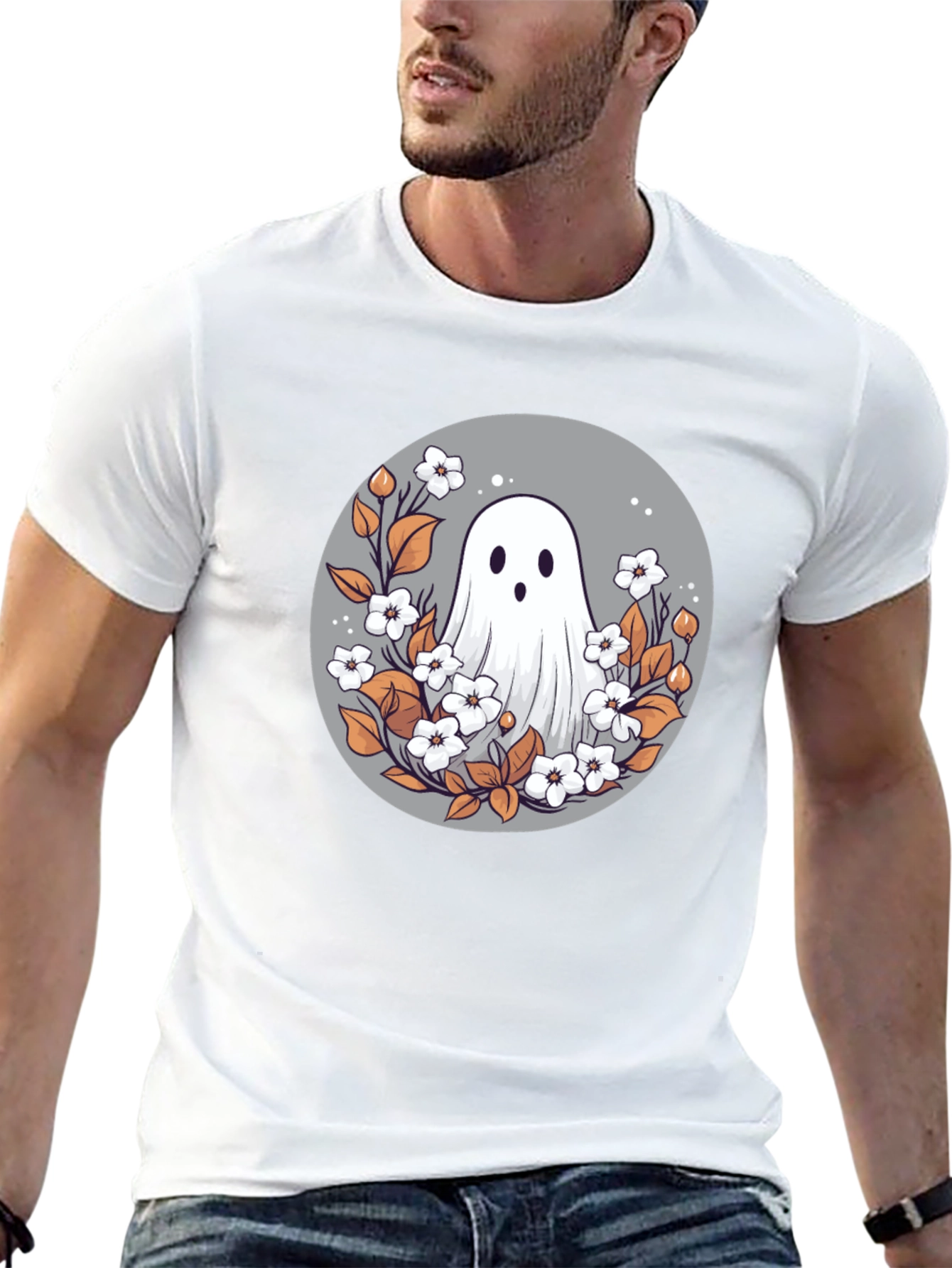 Black Ghostly Floral T-Shirt - Spooky Cute Design view 13