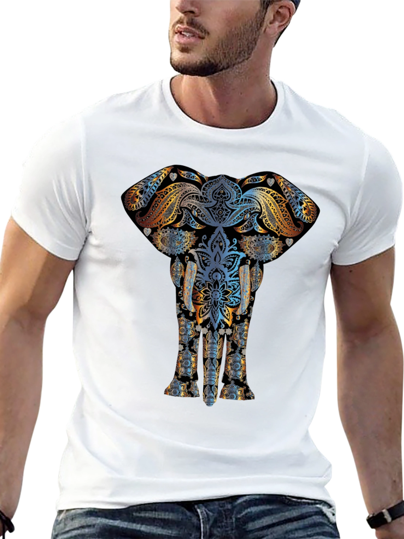 Black Elephant Mandala Graphic Print Men's Black T-Shirt view 13