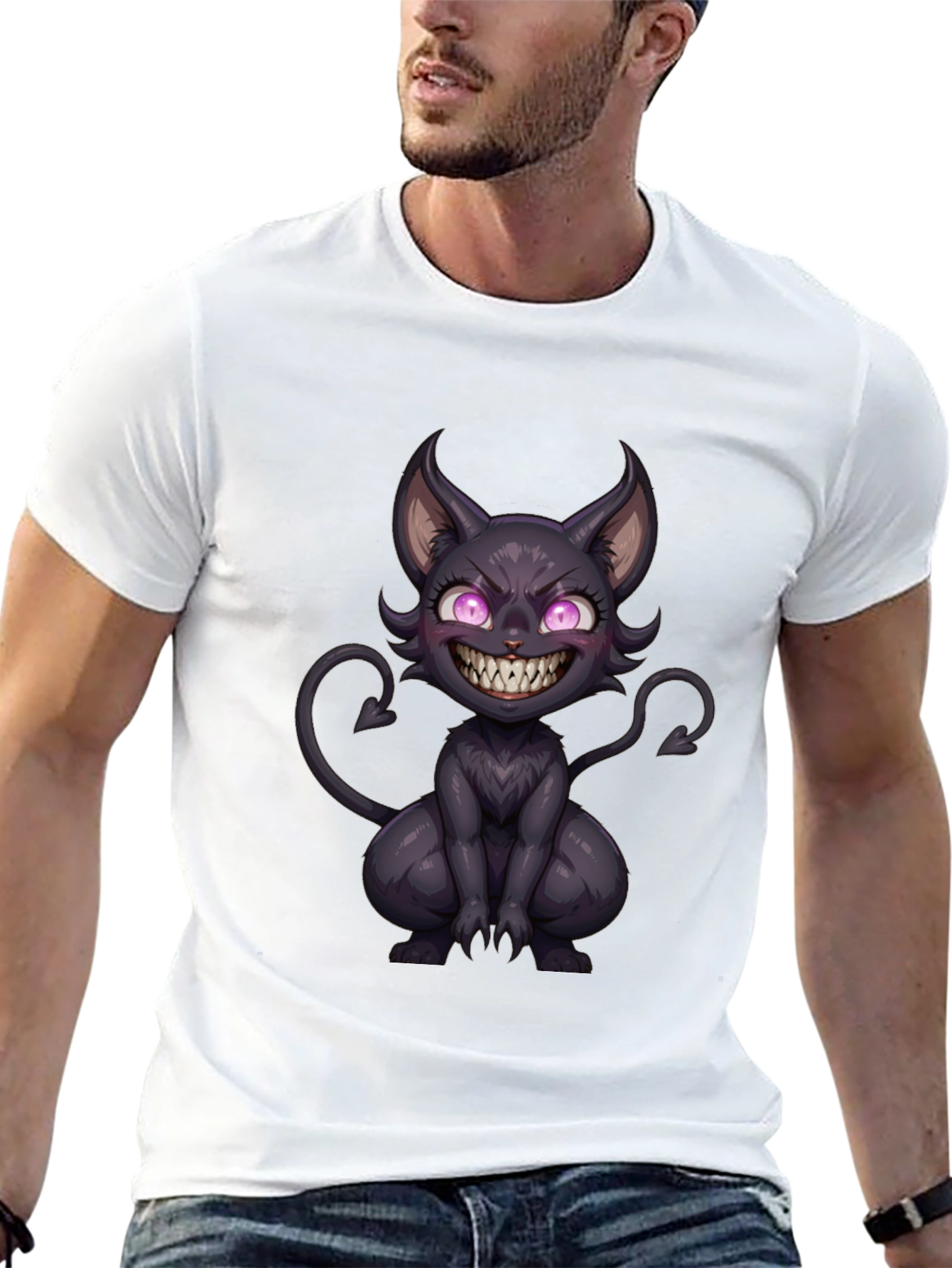 Black Men's Black T-Shirt with Devil Cat Graphic view 13