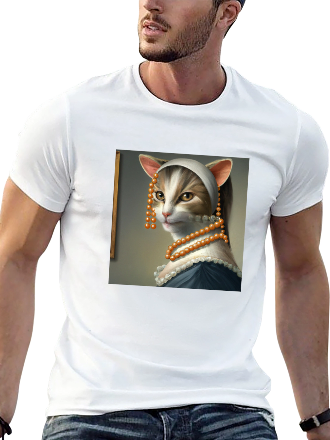 Black Cat with a Pearl Earring T-Shirt - Funny Art Tee view 13