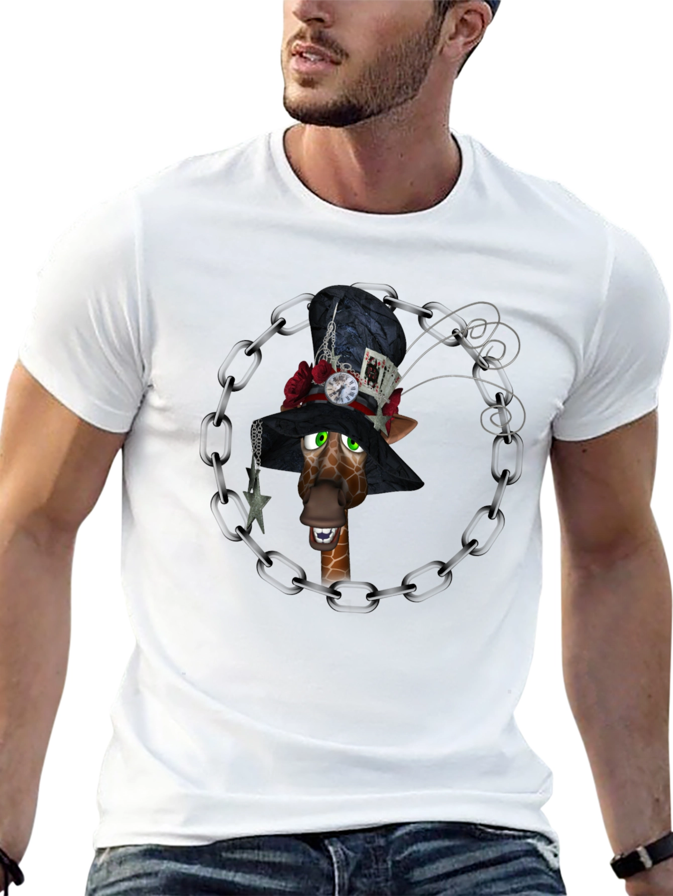 Giraffe Mad Hatter T-Shirt, Black Cotton Tee - 13