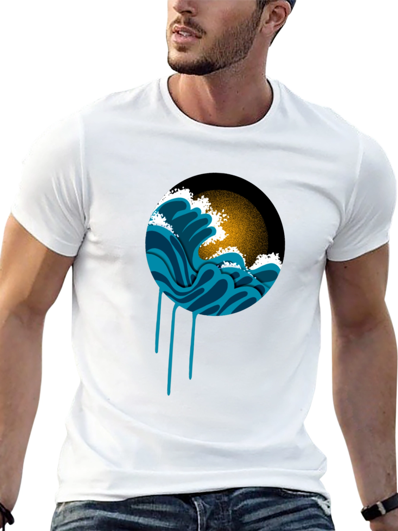 Black Ocean Wave Graphic Black T-Shirt view 13