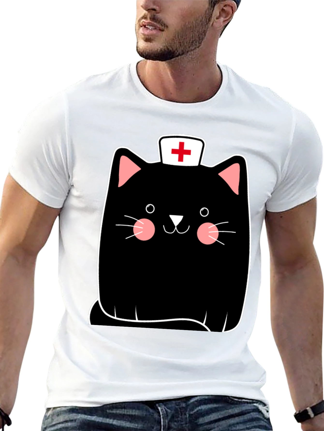 Black Nurse Cat Graphic Tee - Black Cotton T-Shirt view 13