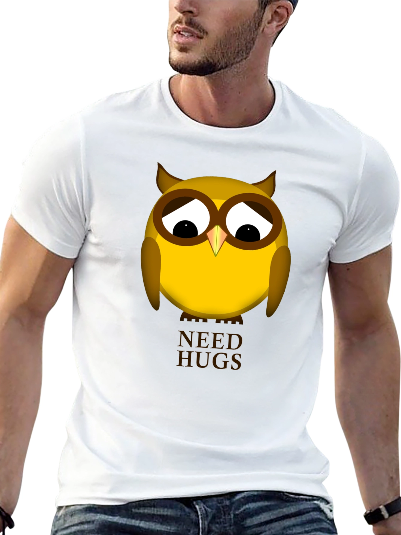 Black Sad Owl Needs Hugs Graphic T-Shirt - Unisex Black Tee view 13