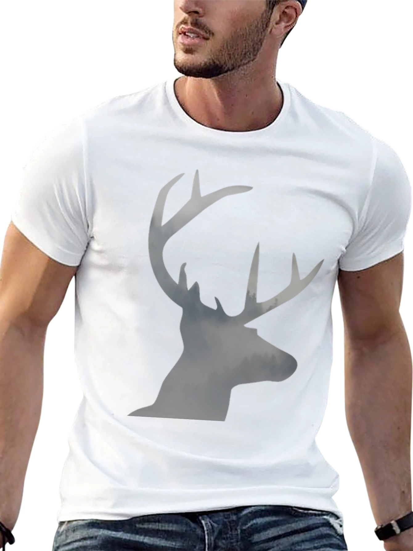 Black Men's Black T-Shirt with Stag Silhouette Graphic view 13
