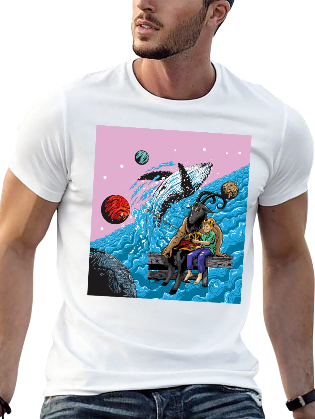 Black Whimsical Goat, Boy, and Whale Graphic Tee view 13