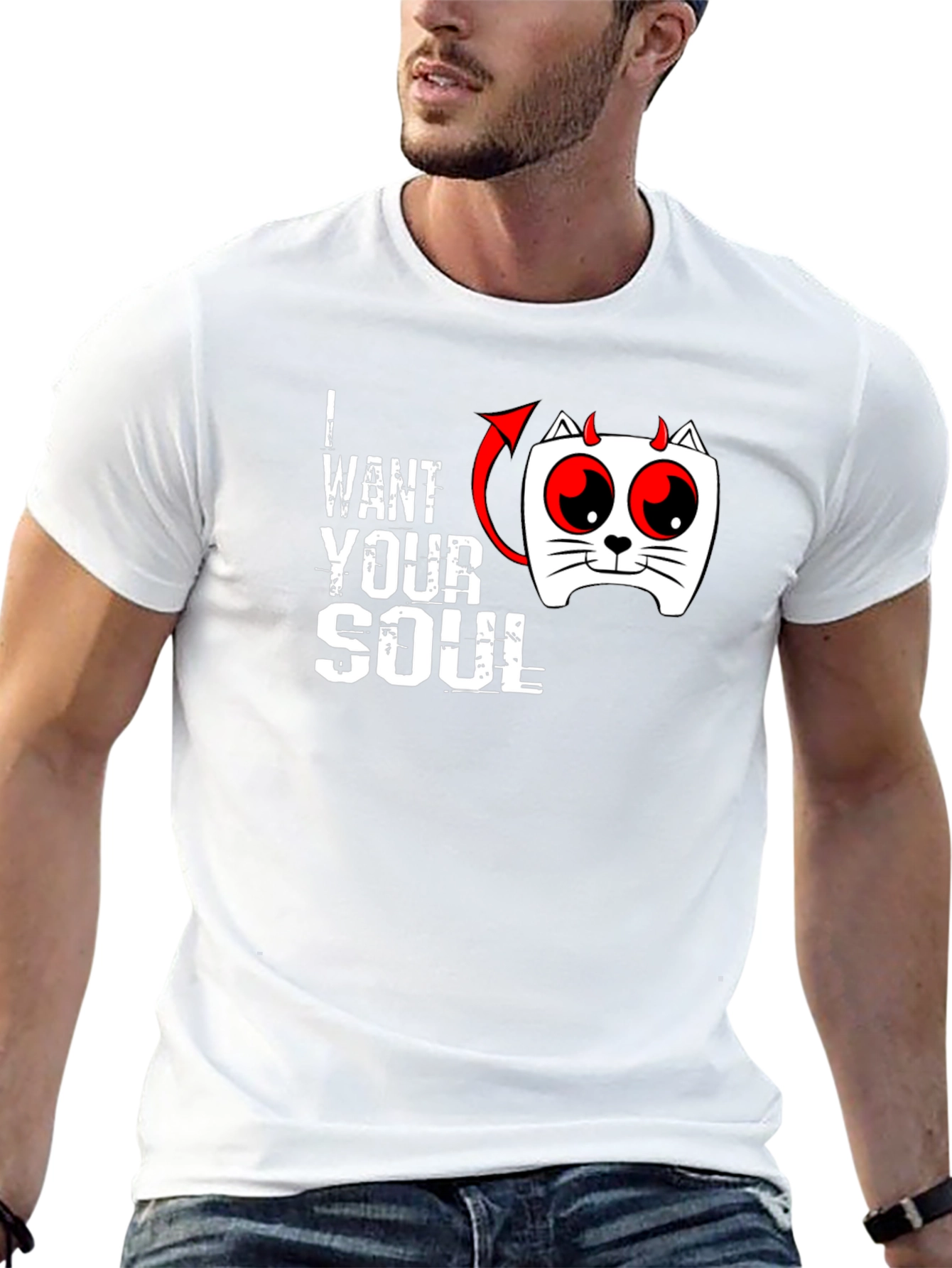 I Want Your Soul Cat Devil Graphic Black T-Shirt - 13
