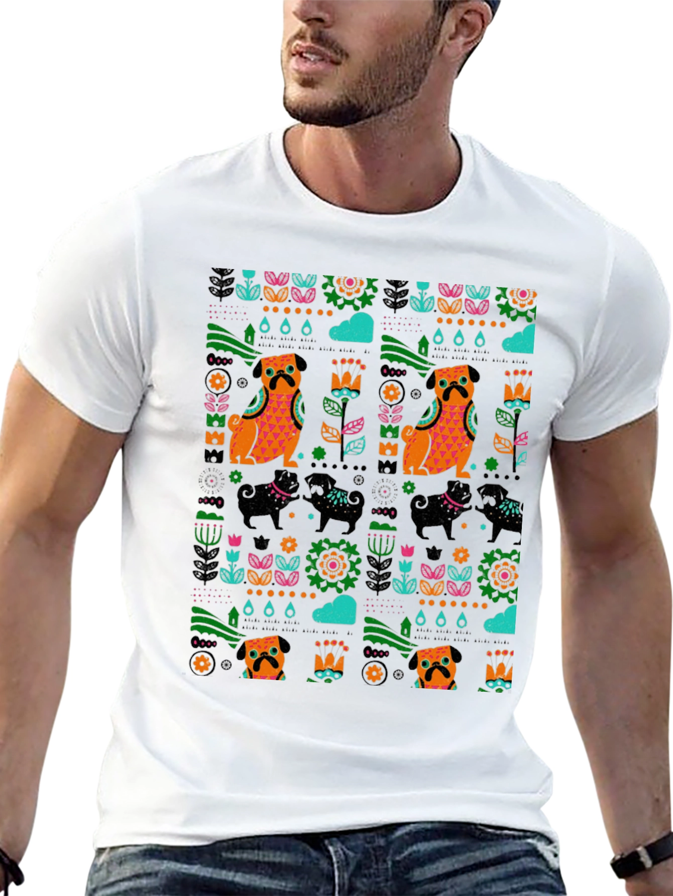 Black Funky Patterned Pug Graphic Black T-Shirt view 13