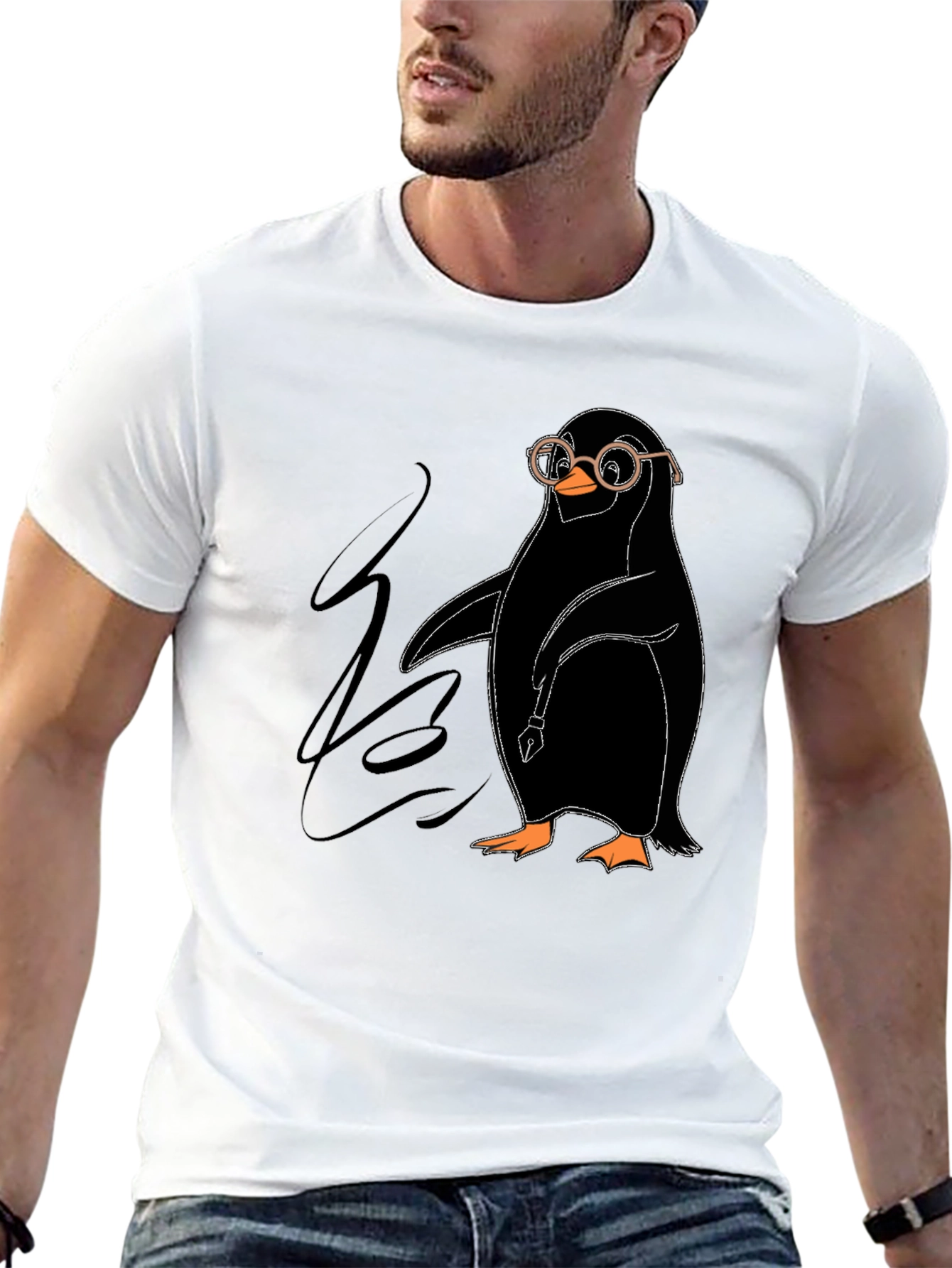 Black Penguin with Glasses Graphic Tee - Quirky Black T-Shirt view 13