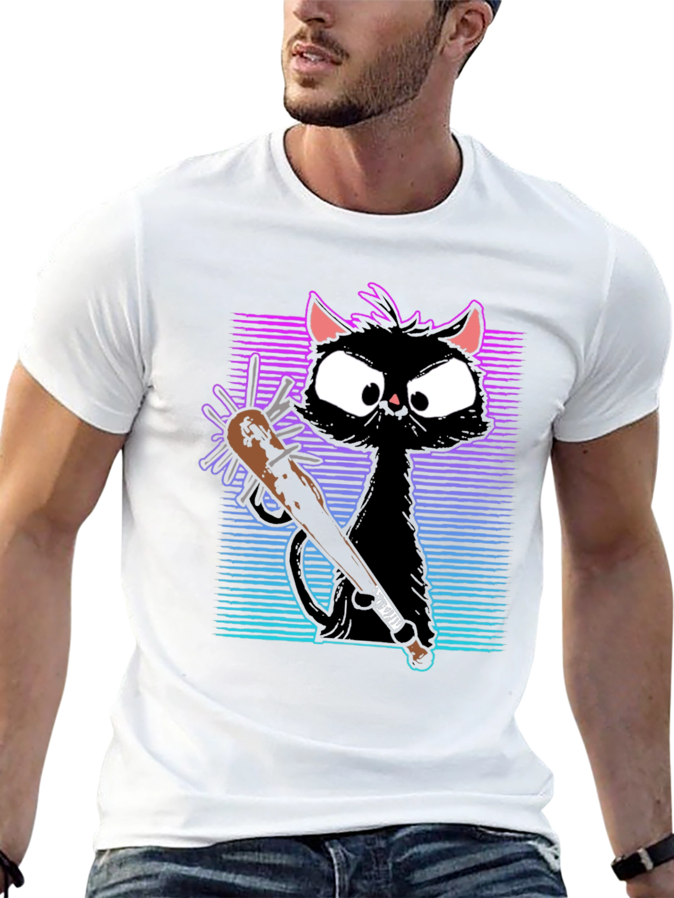 Black Gangster Cat T-Shirt with Spiked Bat - Black view 13