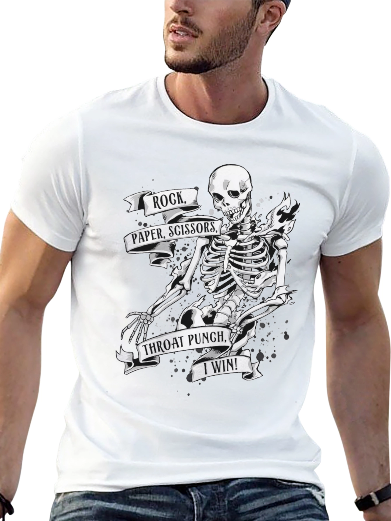 Black Humorous Skeleton T-Shirt: Rock, Paper, Scissors view 13