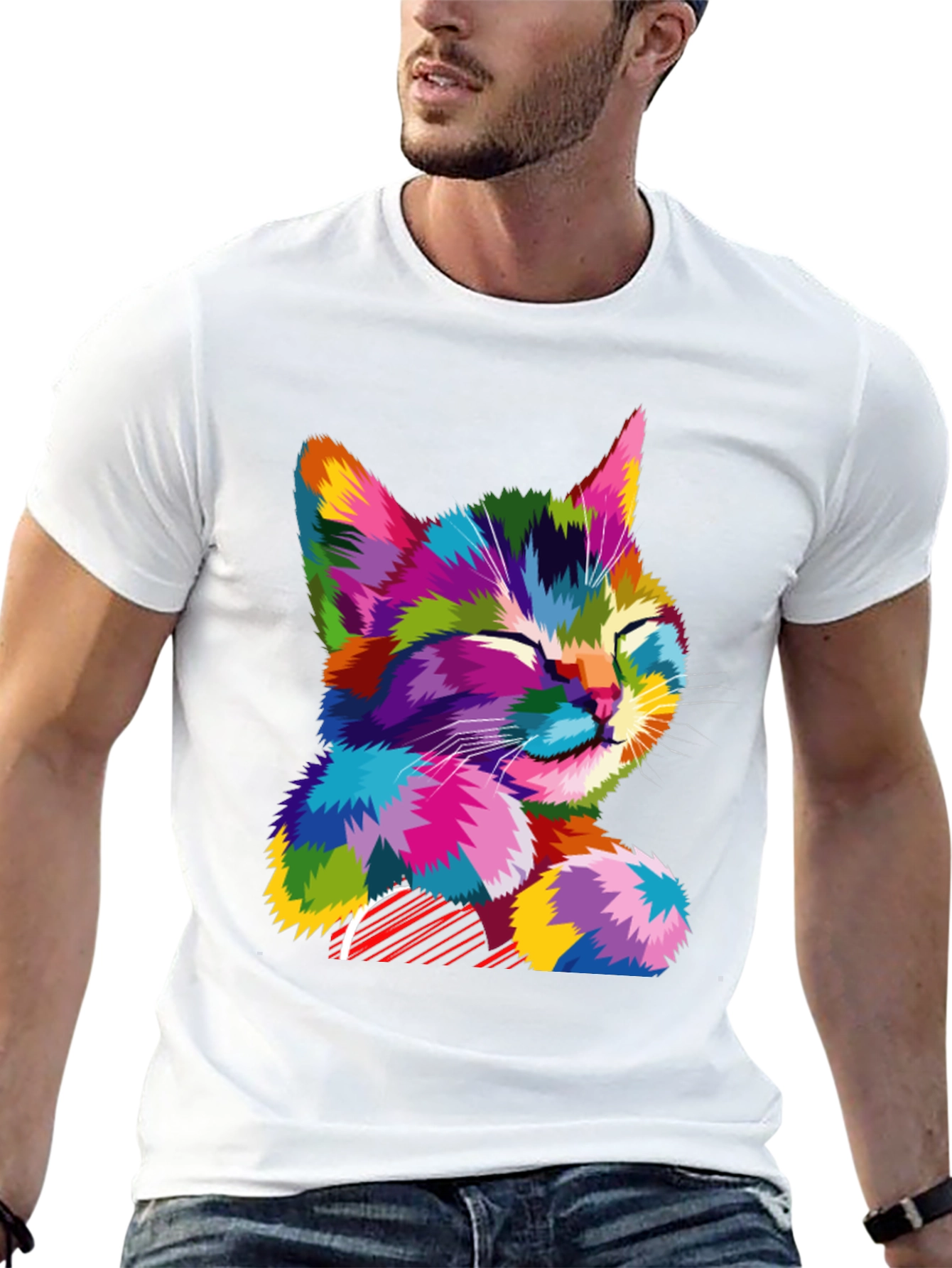 Black Colorful Cat Graphic T-Shirt - Stylish Men's Tee view 13
