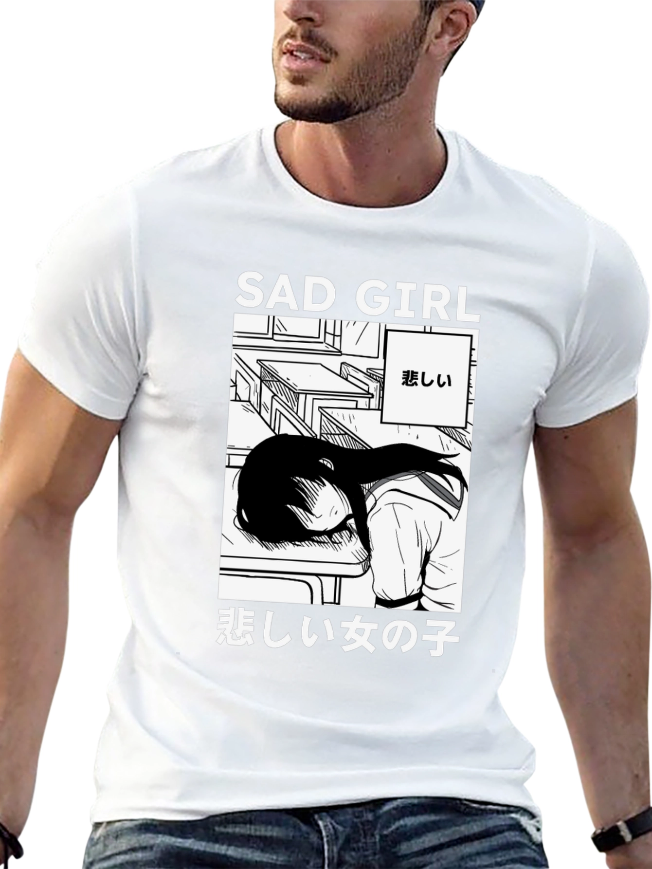 Black Sad Girl Anime Graphic T-Shirt - Unisex view 13