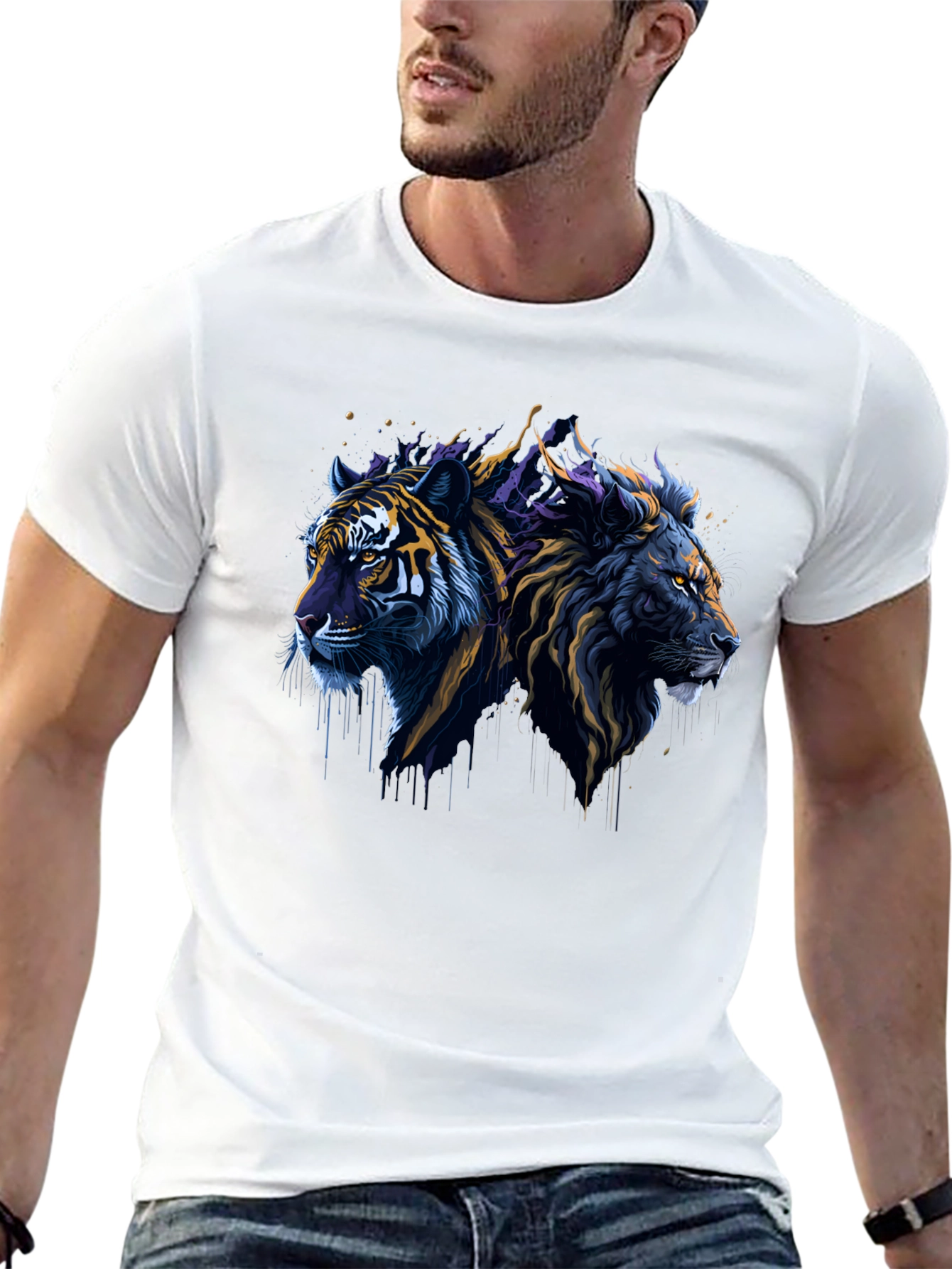 Black Lion & Tiger Graphic Tee - Black Crew Neck T-Shirt view 13