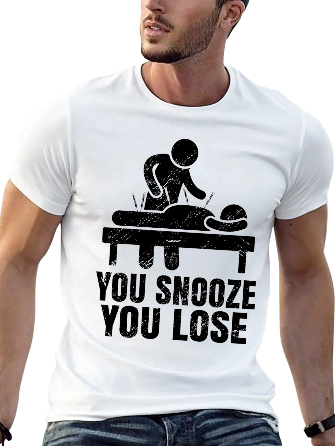 Black Acupuncture T-Shirt - You Snooze You Lose Funny Tee view 13