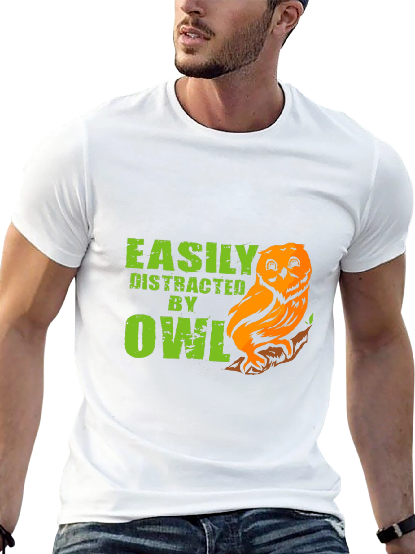 Black Easily Distracted By Owls Funny T-Shirt view 13