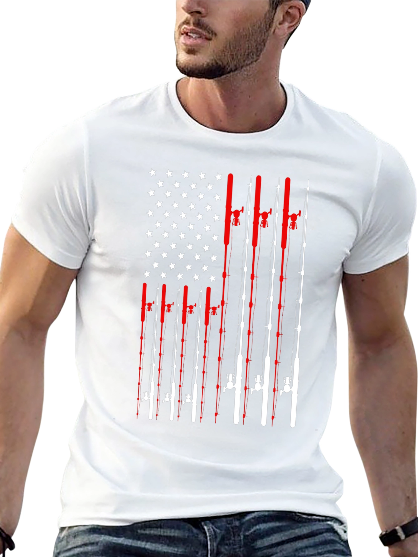 Black Fishing Rod American Flag Patriotic Graphic T-Shirt view 13