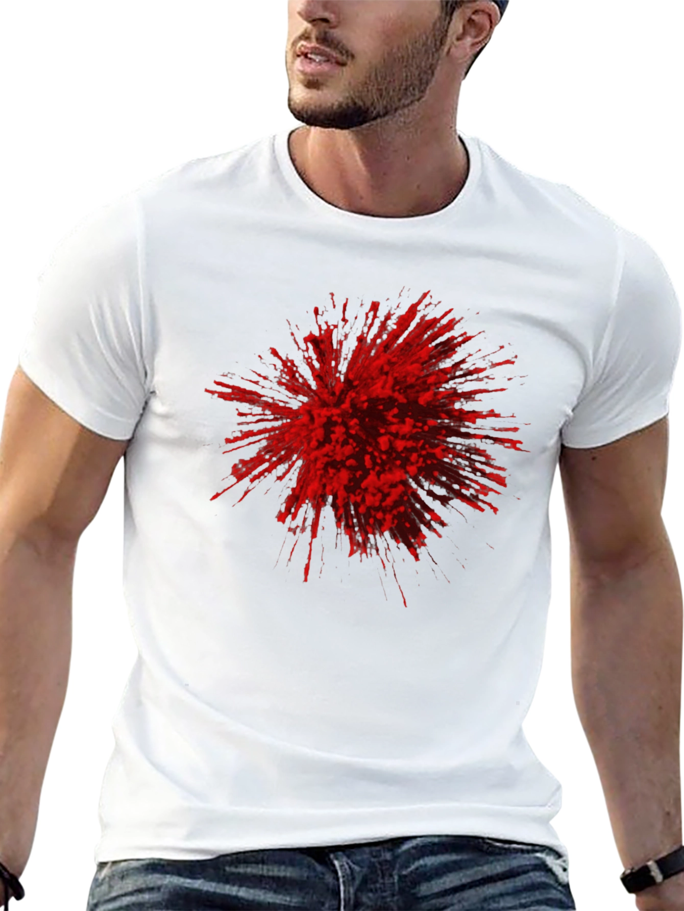 Black Abstract Red Burst Graphic Tee - Black Cotton Casual T-Shirt view 13