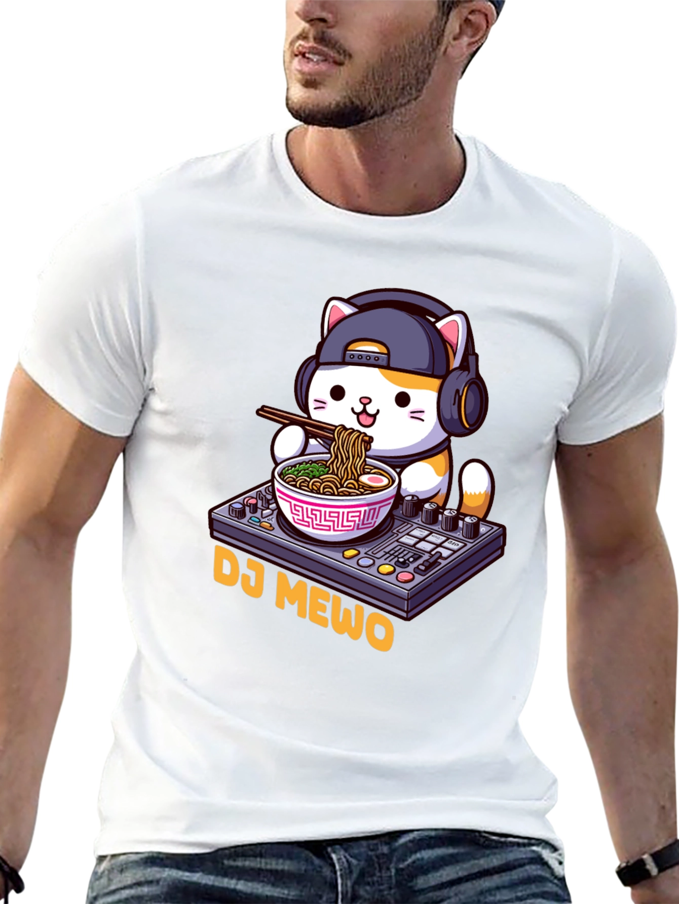 Black DJ MEWO Black T-Shirt - Cat Ramen DJ Design view 13