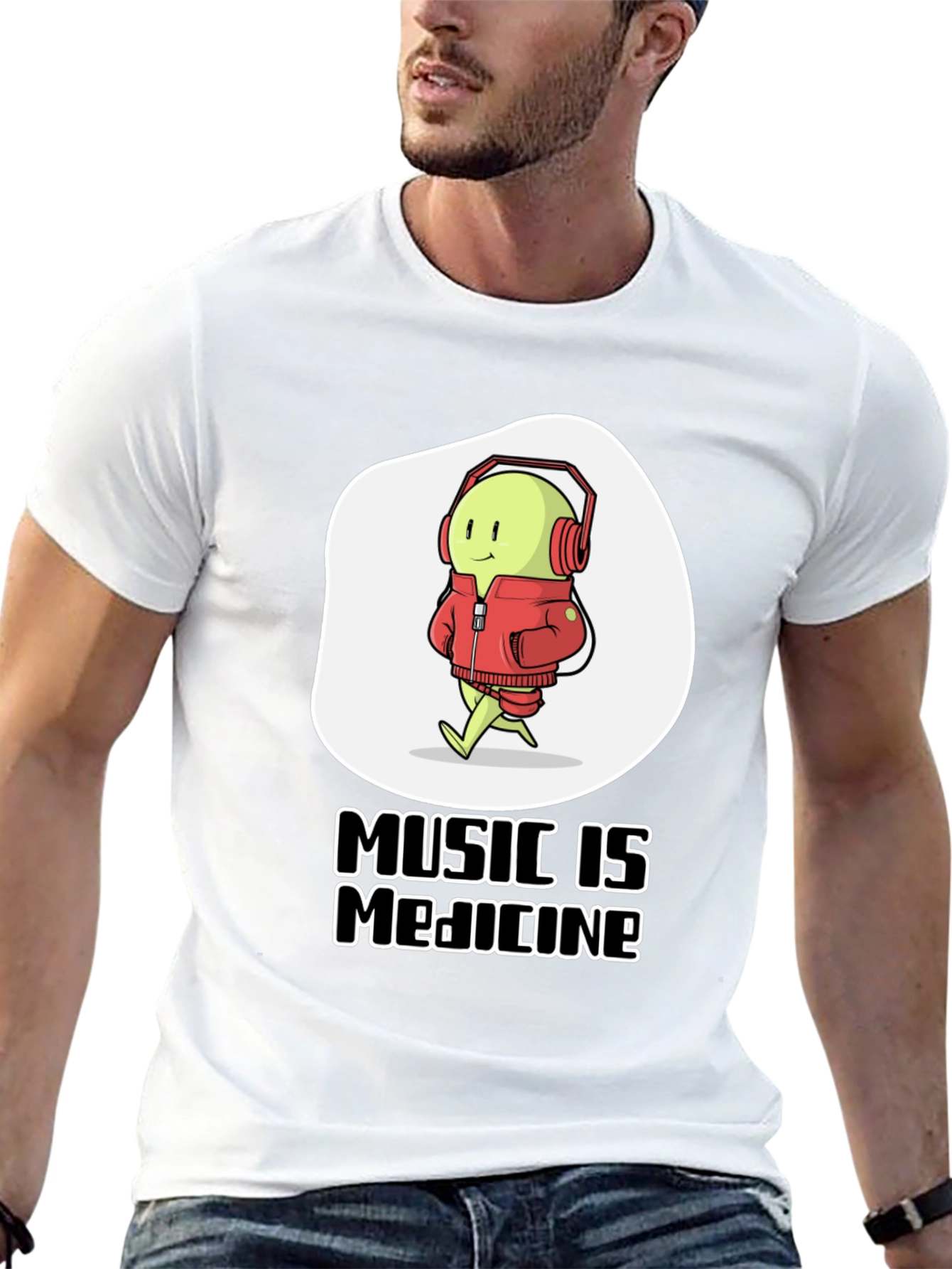 Black Music is Medicine T-Shirt - Cartoon Character with Headphones view 13