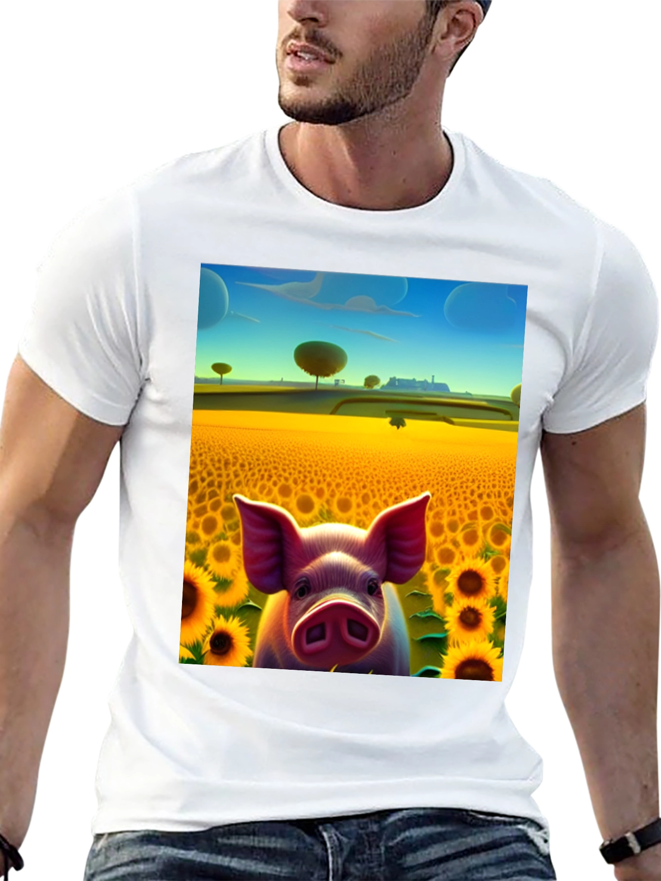 Black Pig in Sunflower Field Graphic Tee view 13