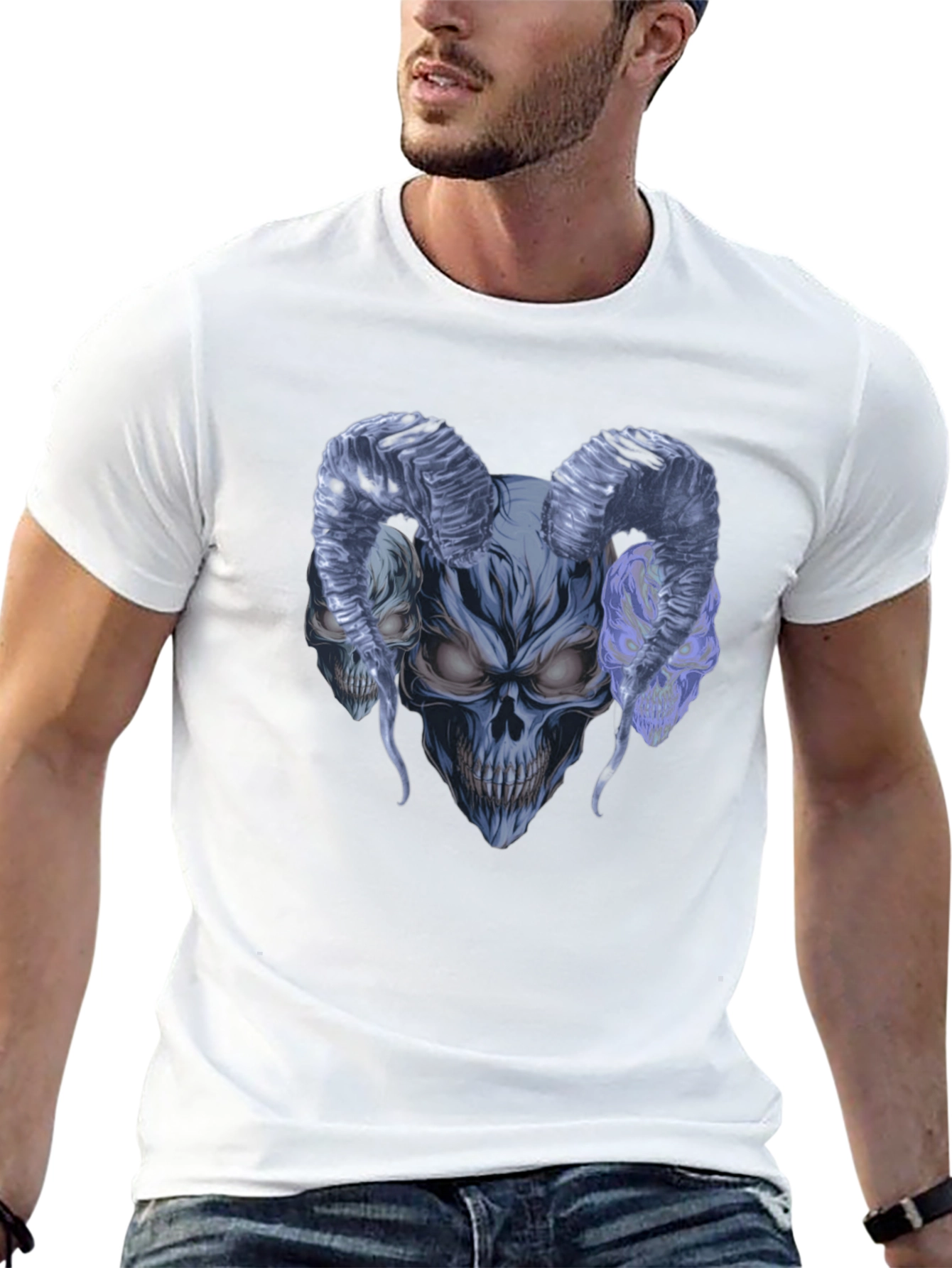 Black Skull Horns Graphic Tee - Men's Black Cotton T-Shirt view 13