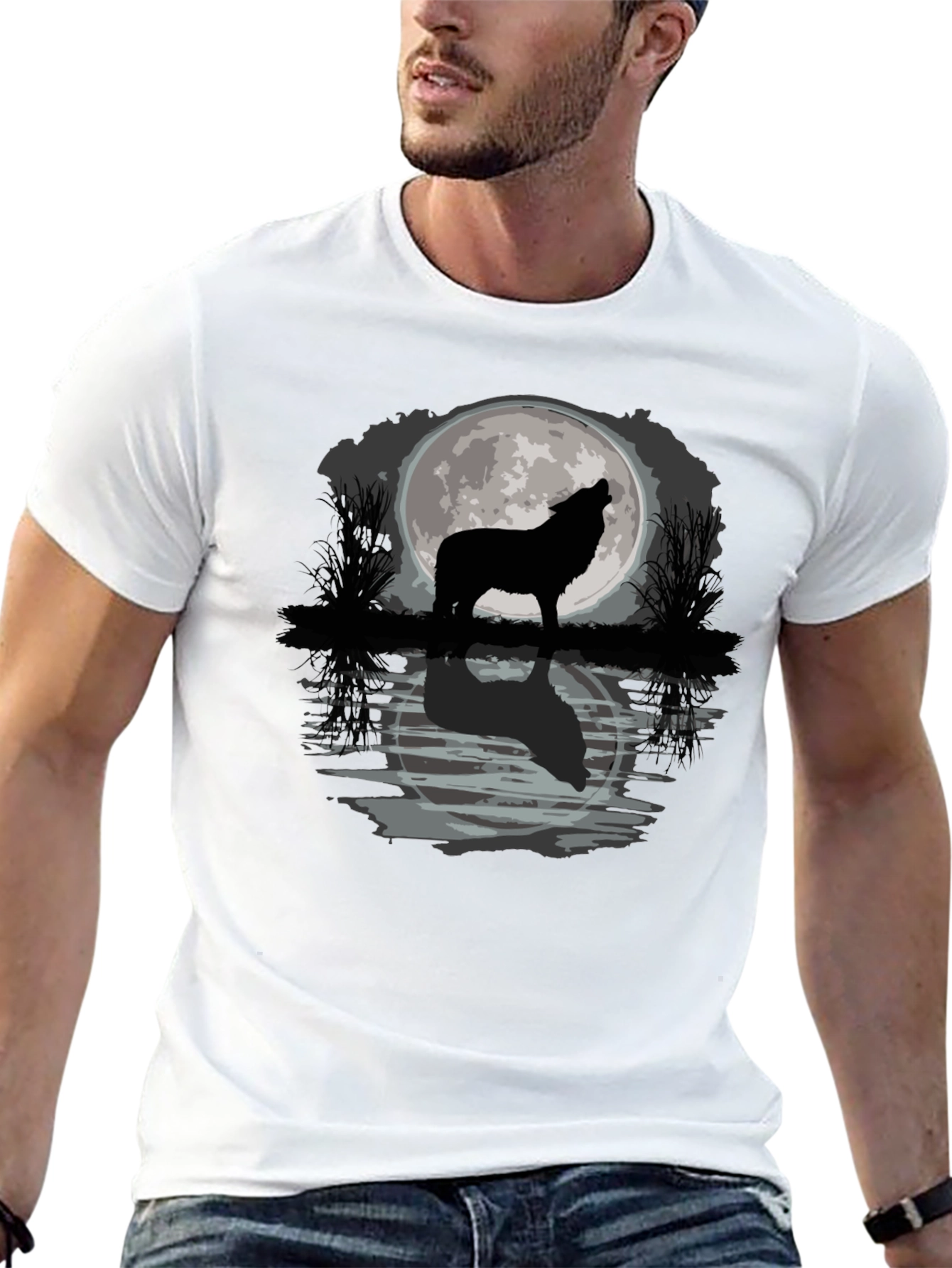 Black Wolf Howling at Moon Graphic T-Shirt view 13
