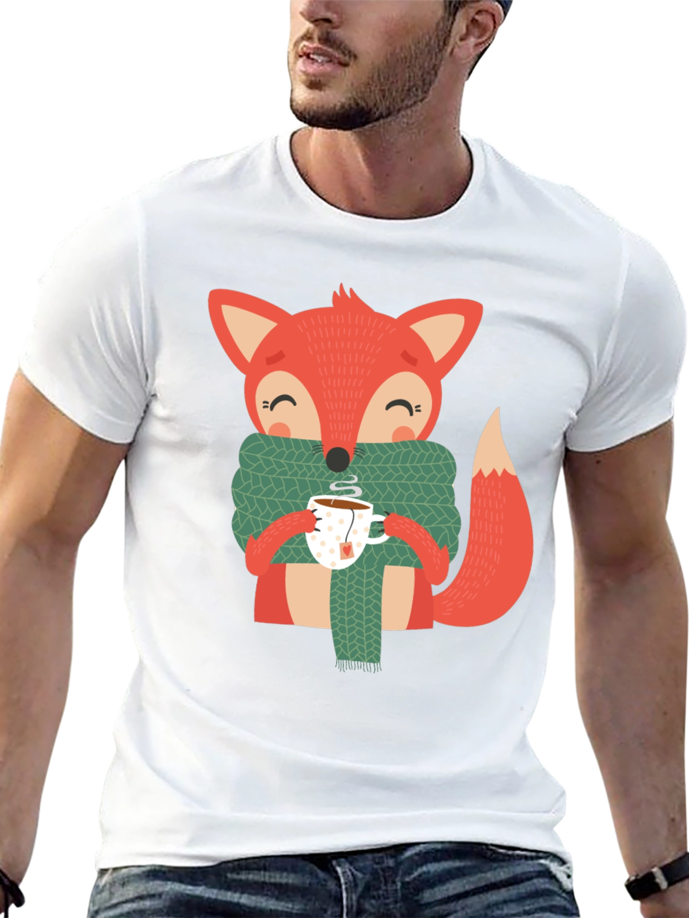 Black Cute Fox Winter Tee - Snug Scarf & Hot Tea Design view 13