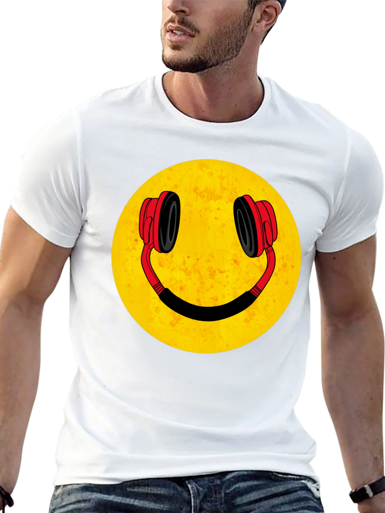 Black Smiley Face Headphones Graphic Tee view 13