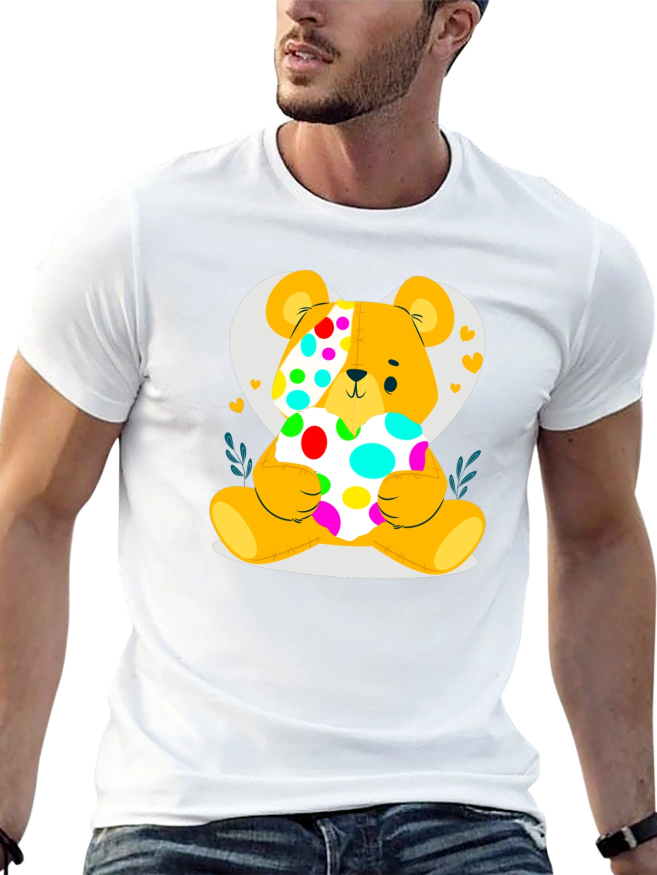 Black Cute Teddy Bear Holding a Polka Dot Heart Black T-Shirt view 13