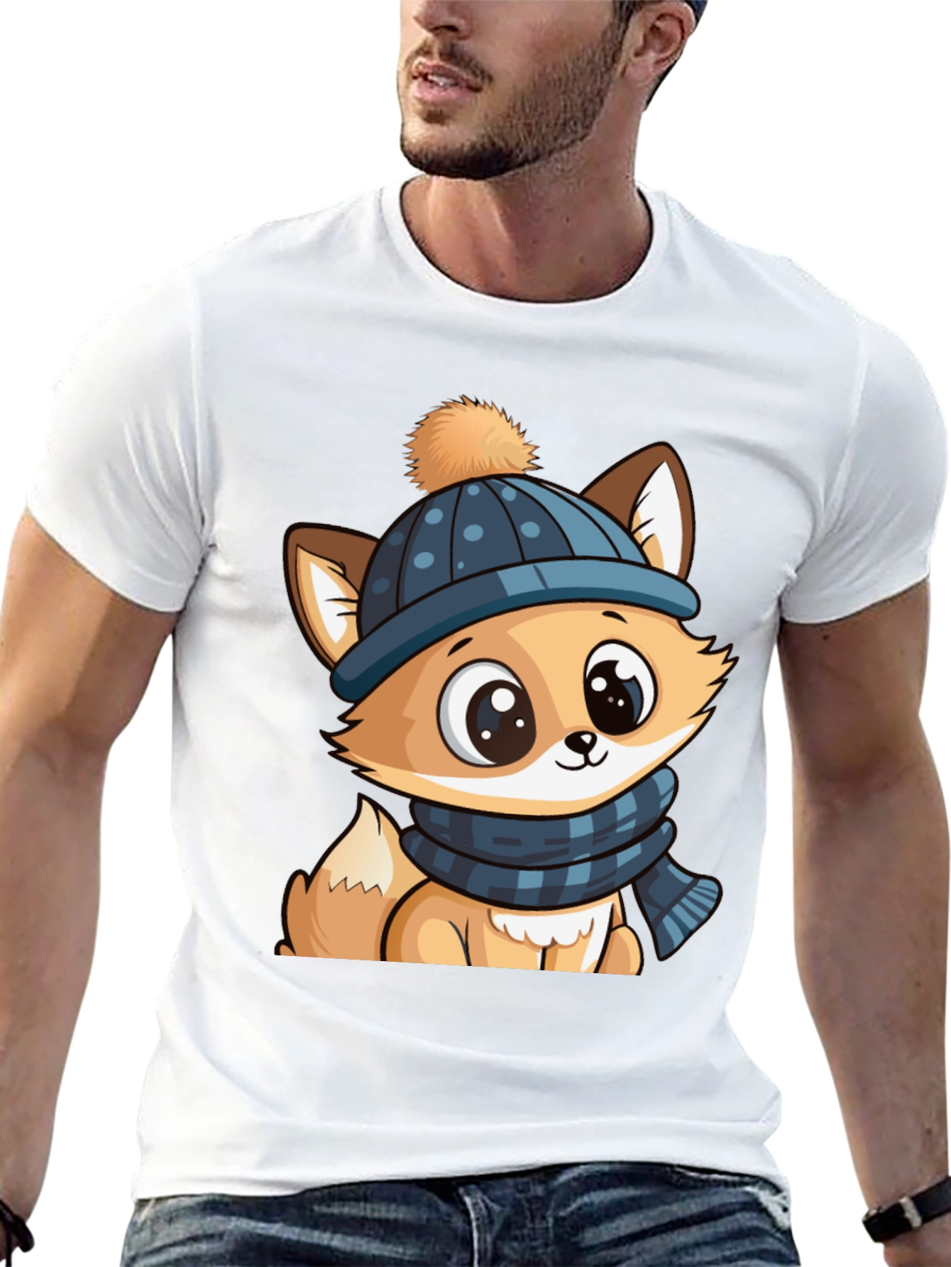 Black Cute Cartoon Fox with Winter Hat Graphic Tee view 13