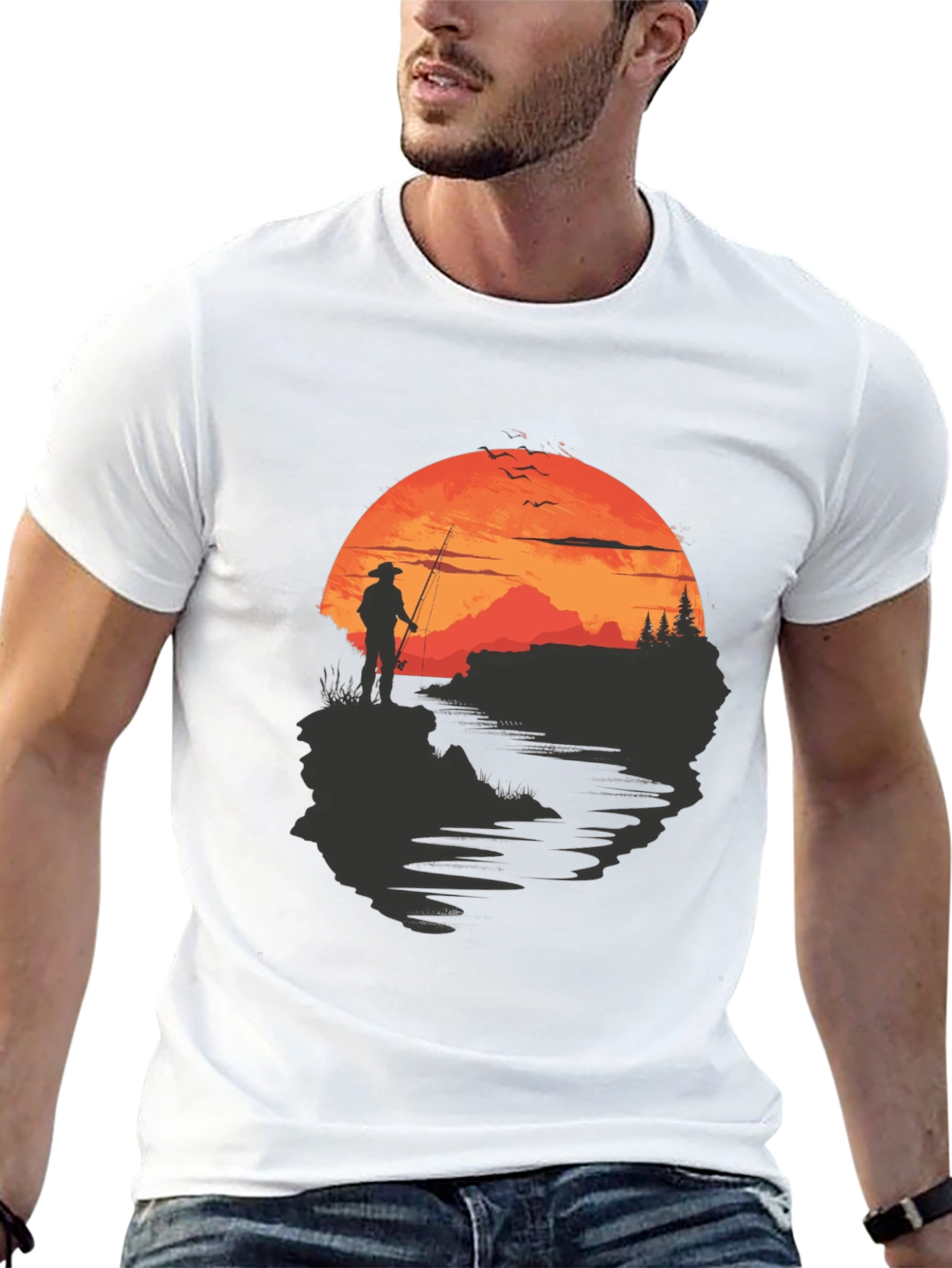 Black Fisherman Sunset Graphic Tee - Black Crew Neck view 13