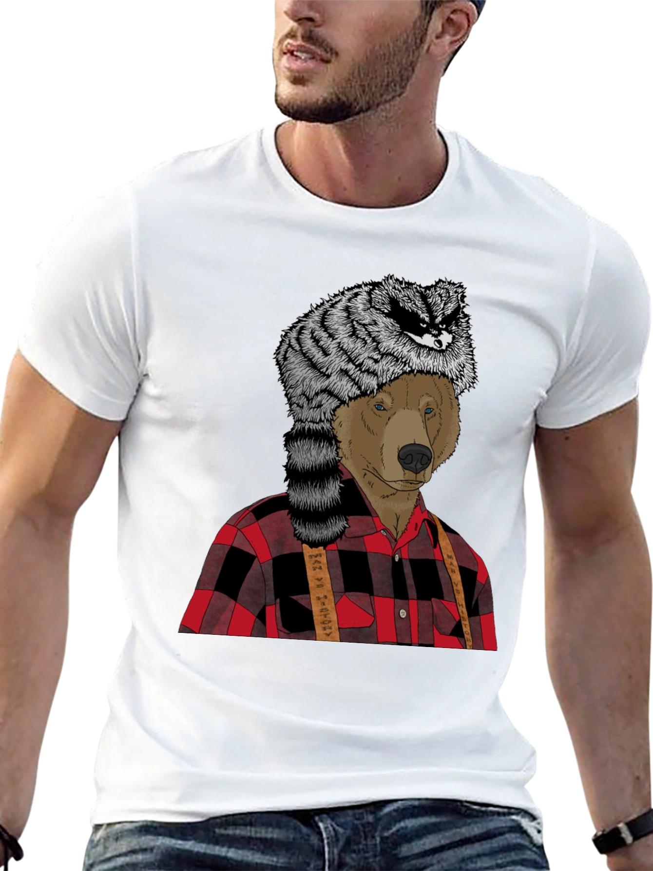 Black Bear in Raccoon Hat Lumberjack T-Shirt view 13