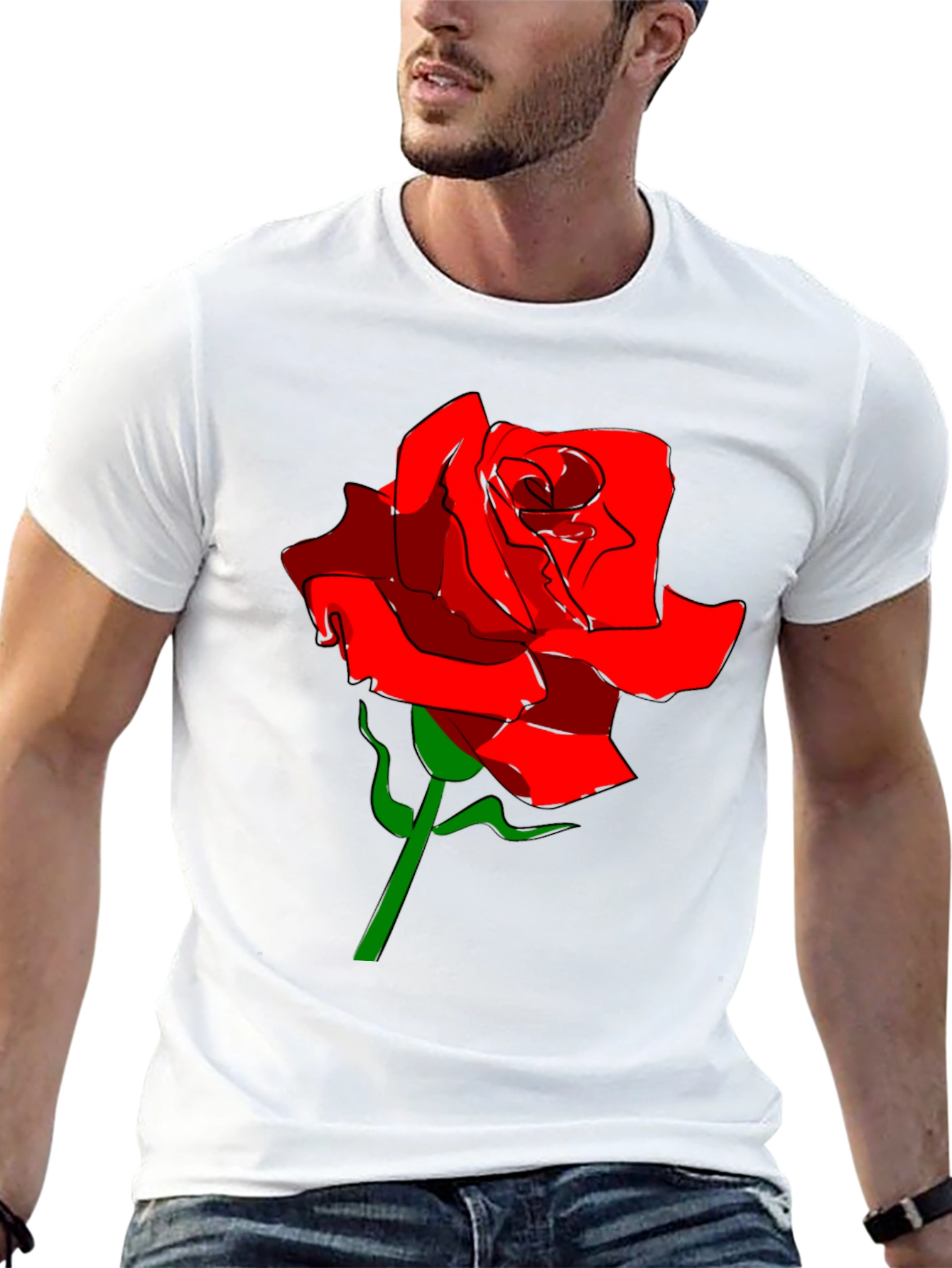 Black Men's Black T-Shirt with Red Rose Graphic view 13