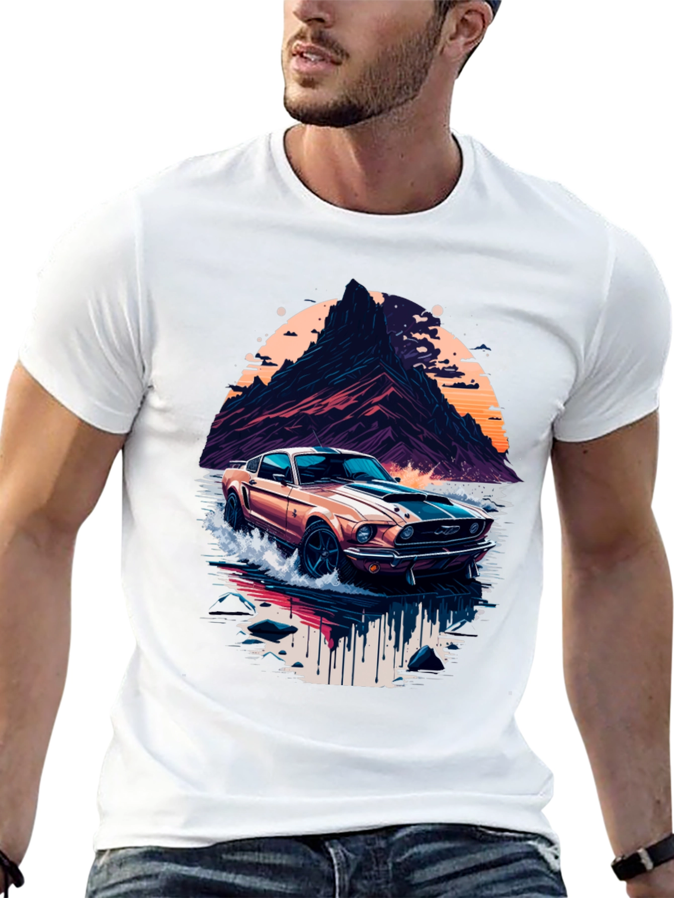 Black Retro Car Graphic Tee - Cool Mountainscape Design view 13