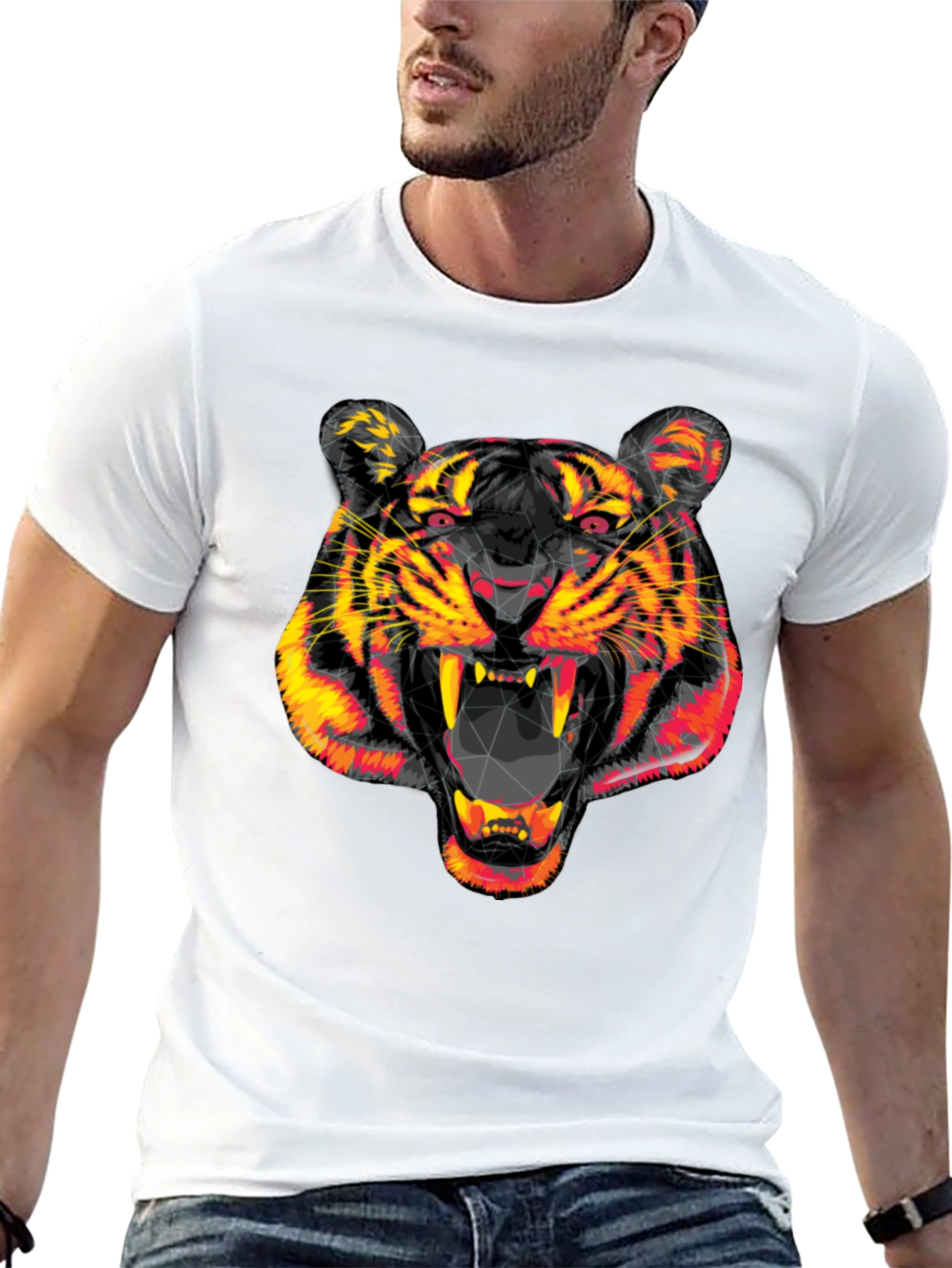 Black Geometric Tiger Head Black Graphic Tee view 13