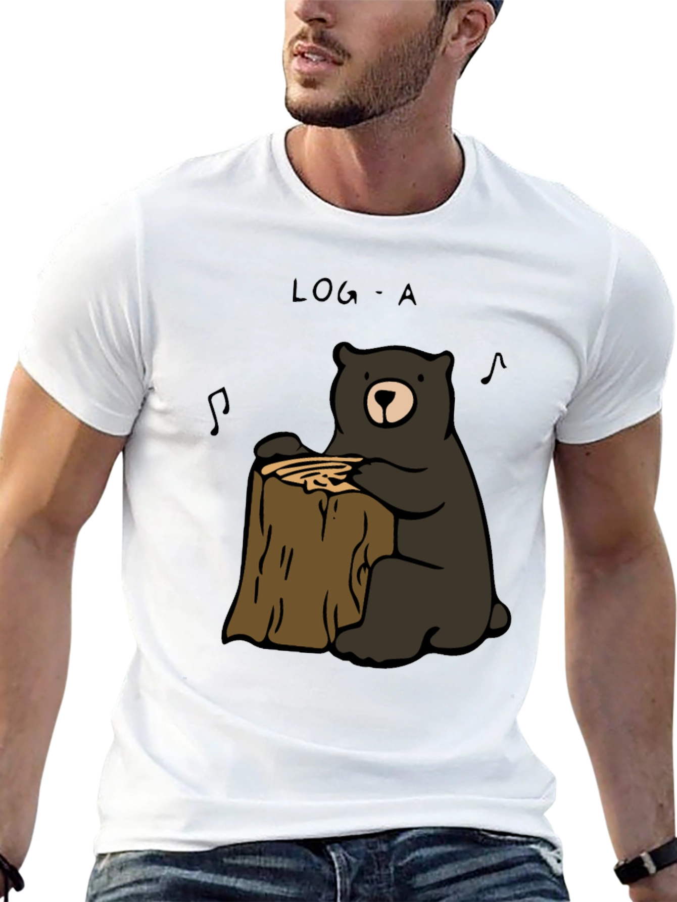 Black Log-A Bear T-Shirt - Music Loving Bear on Wood Stump view 13