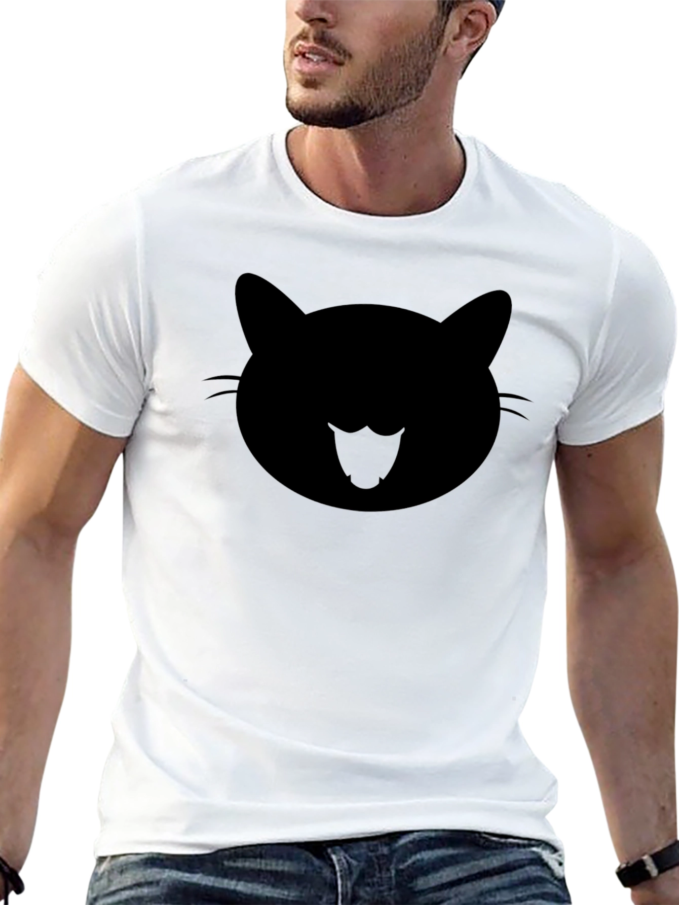 Black Cool Cat Face Graphic Black T-Shirt view 13